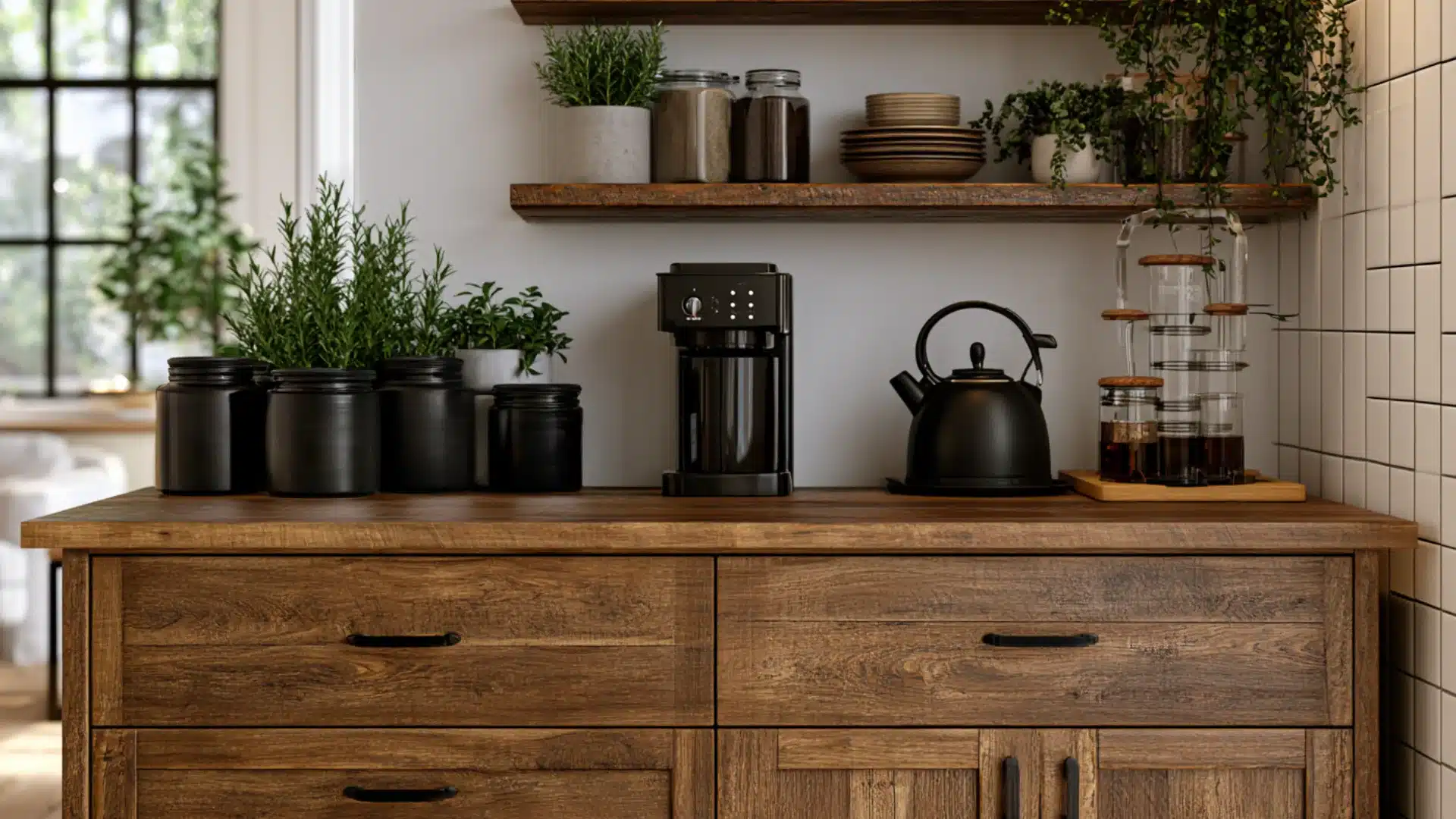 rustic wood coffee tea bar with black jars kettle coffee maker cold brew jars and open shelf plants