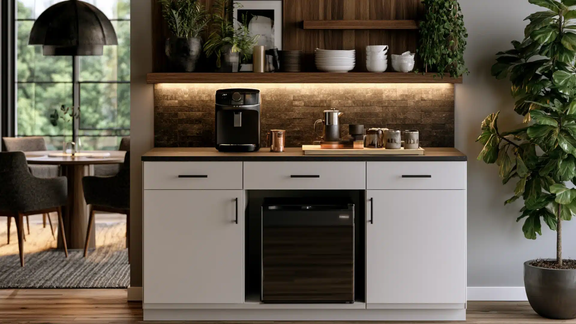 coffee bar with white cabinets built in mini fridge espresso machine mugs and open shelf with plants above