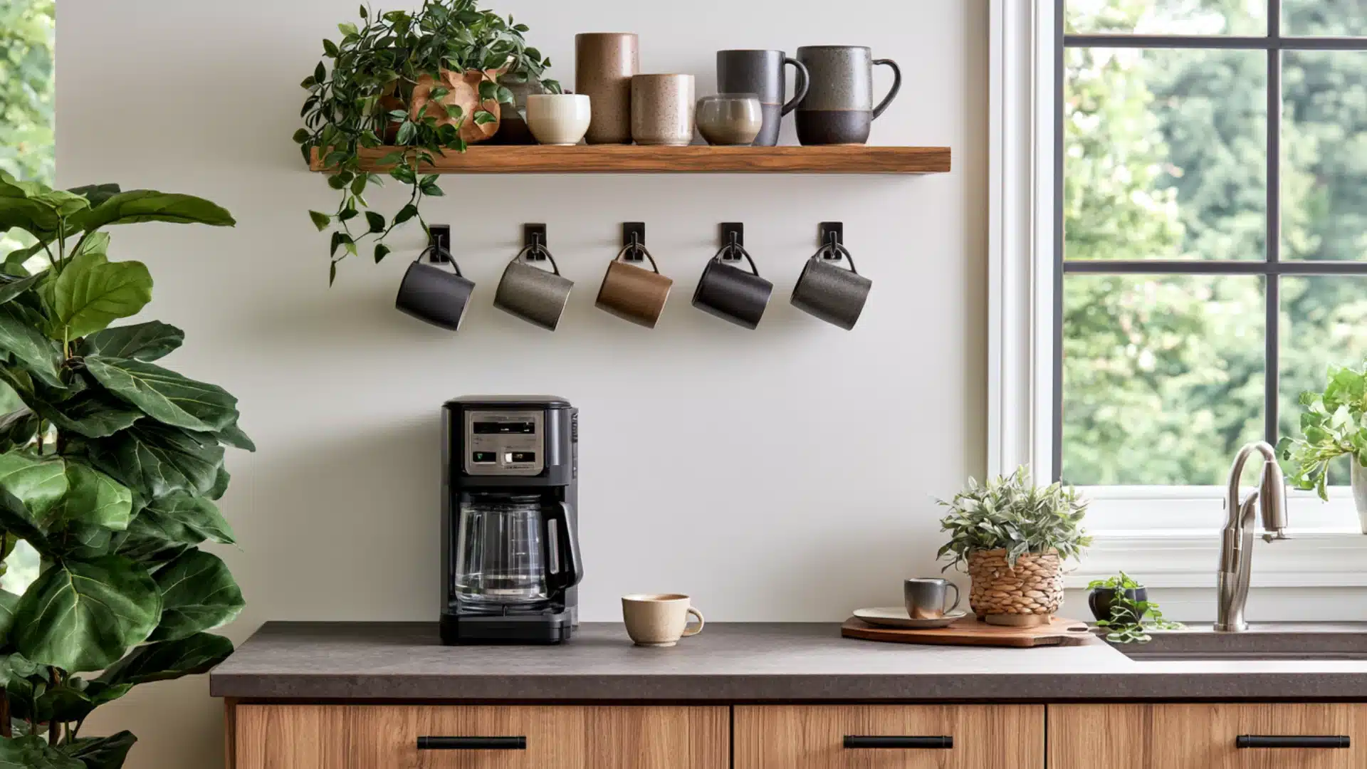 mug wall coffee bar with hanging cups wood shelf coffee maker and plants on wood counter near window