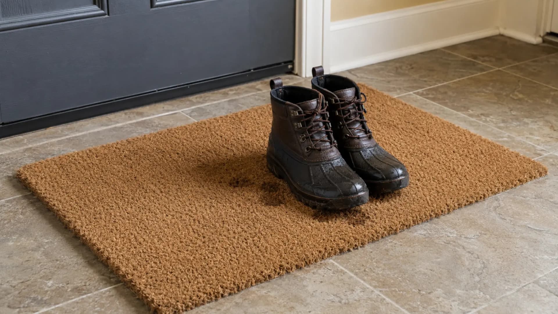 pair of muddy wet duck boots resting neatly on a textured coir doormat placed just outside the front door