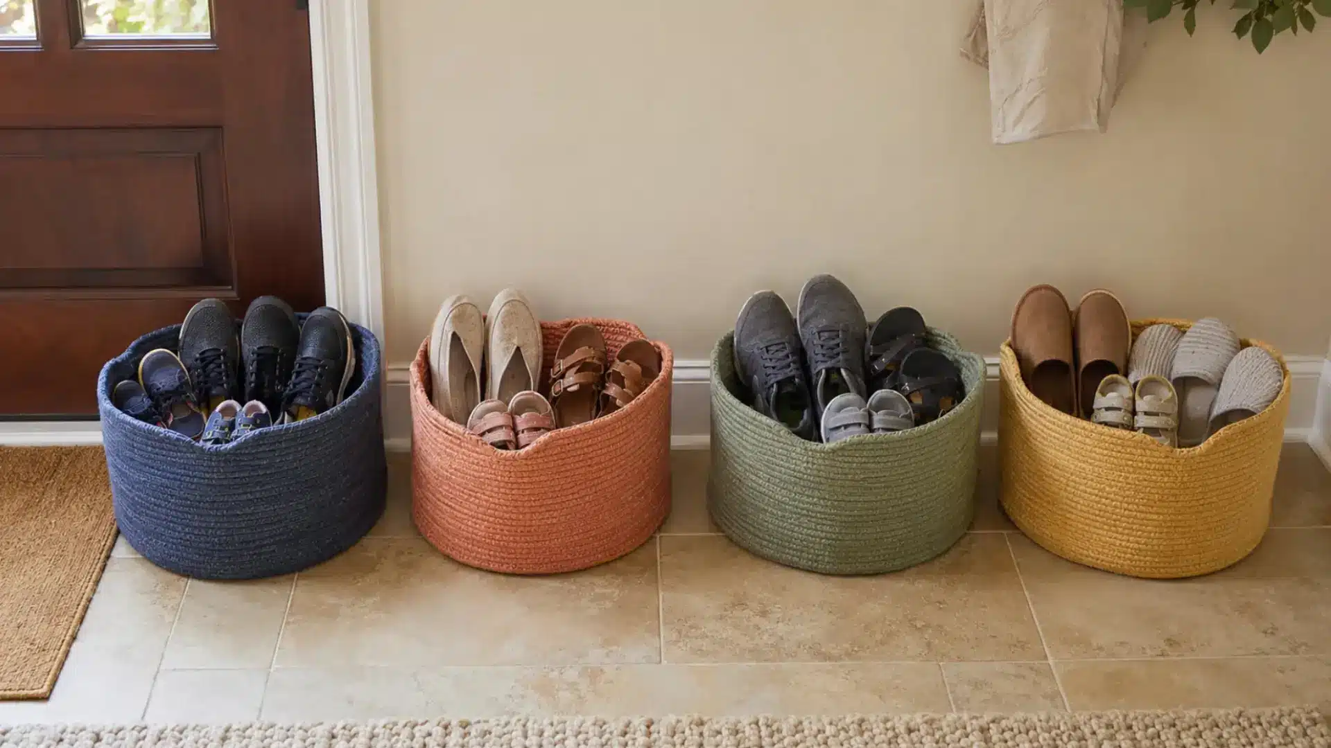 four color coded woven baskets filled with family shoes lined up near the entryway door