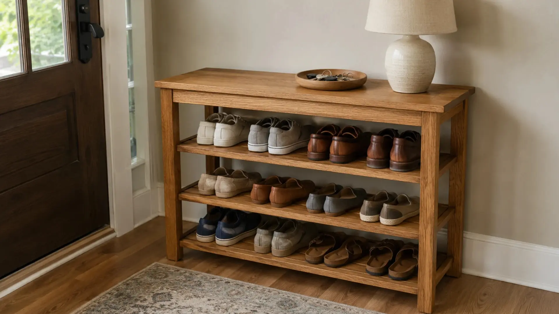 narrow wooden console table with open shelves holding rows of sneakers loafers and sandals near entryway
