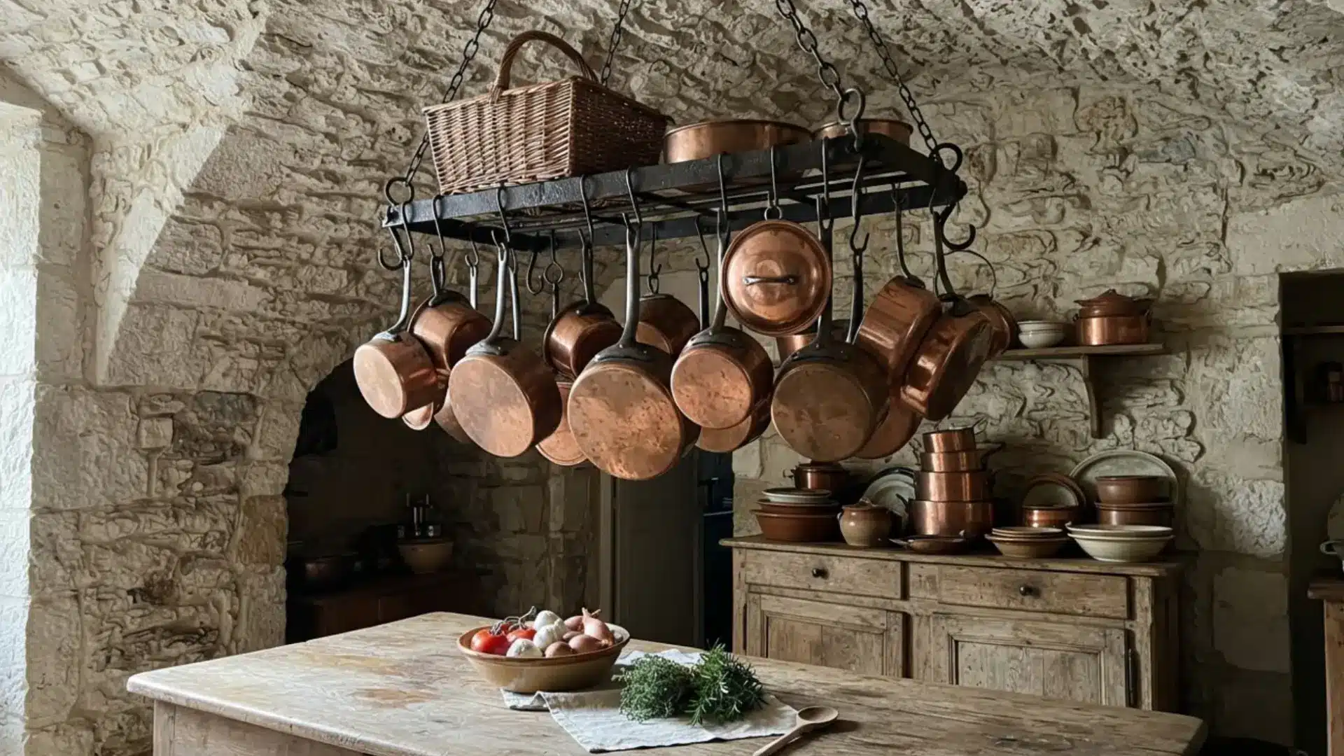 copper pots and pans hanging from an iron rack above a rustic wood kitchen island