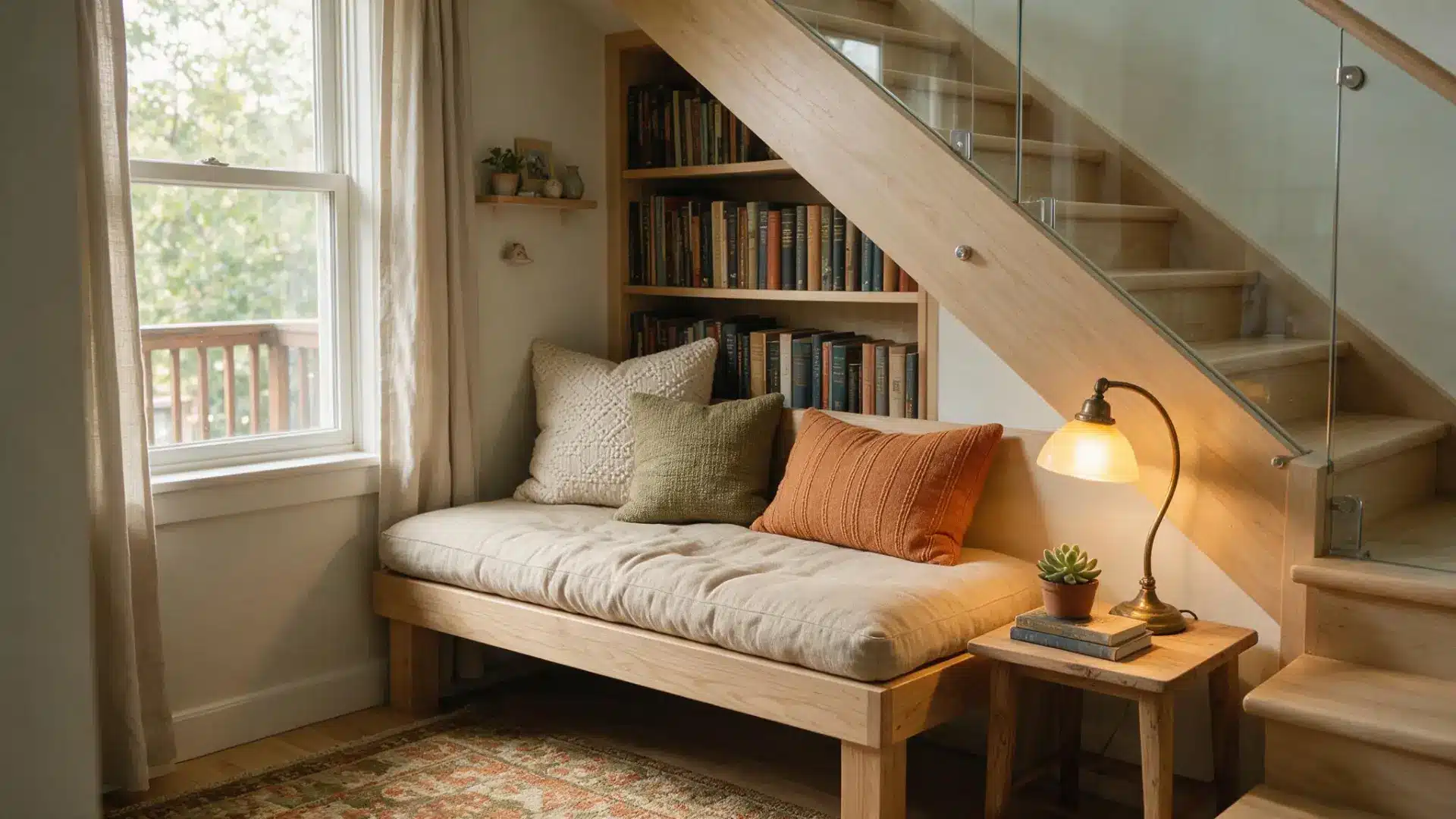 cozy reading nook with a cushioned bench, bookshelf, and brass lamp tucked under a wooden staircase