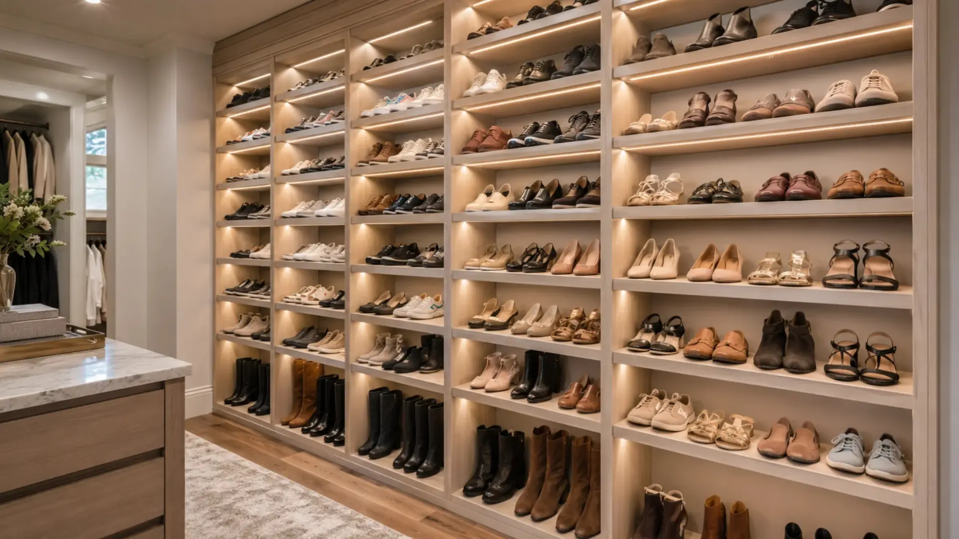 built in floor to ceiling shelving displaying rows of organized sneakers boots and heels