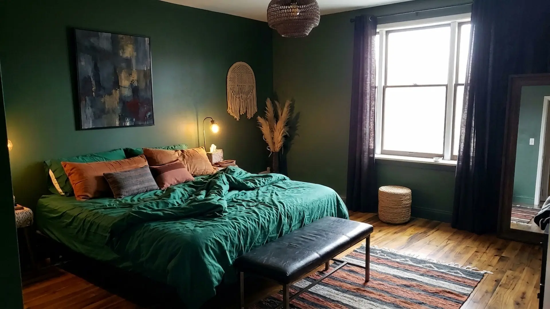 dark green bedroom with emerald bedding black leather bench striped rug and warm rattan pendant lamp