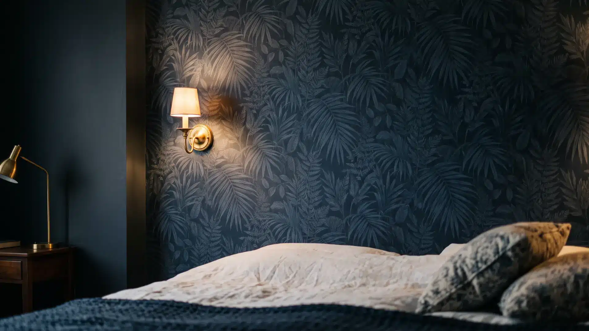 dark botanical wallpaper bedroom with layered bedding, brass wall sconce, and moody blue tones