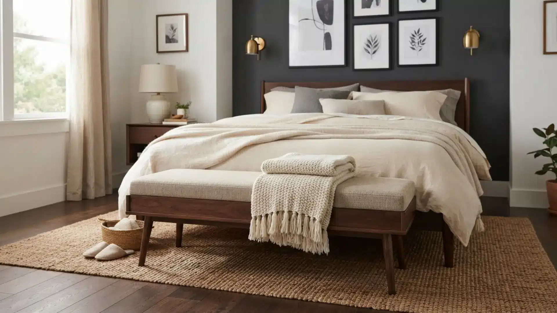wood bench at the foot of a neutral bed with a black accent wall and woven area rug