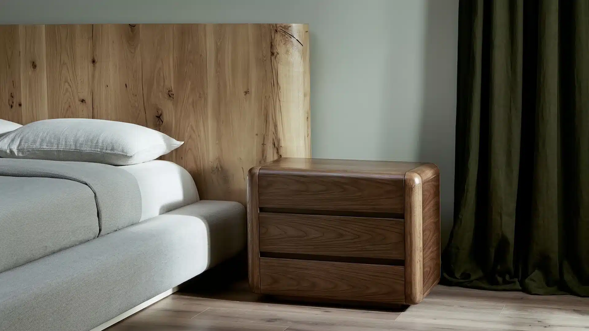 wooden headboard and nightstand with neutral bedding, dark curtains, and soft natural bedroom light