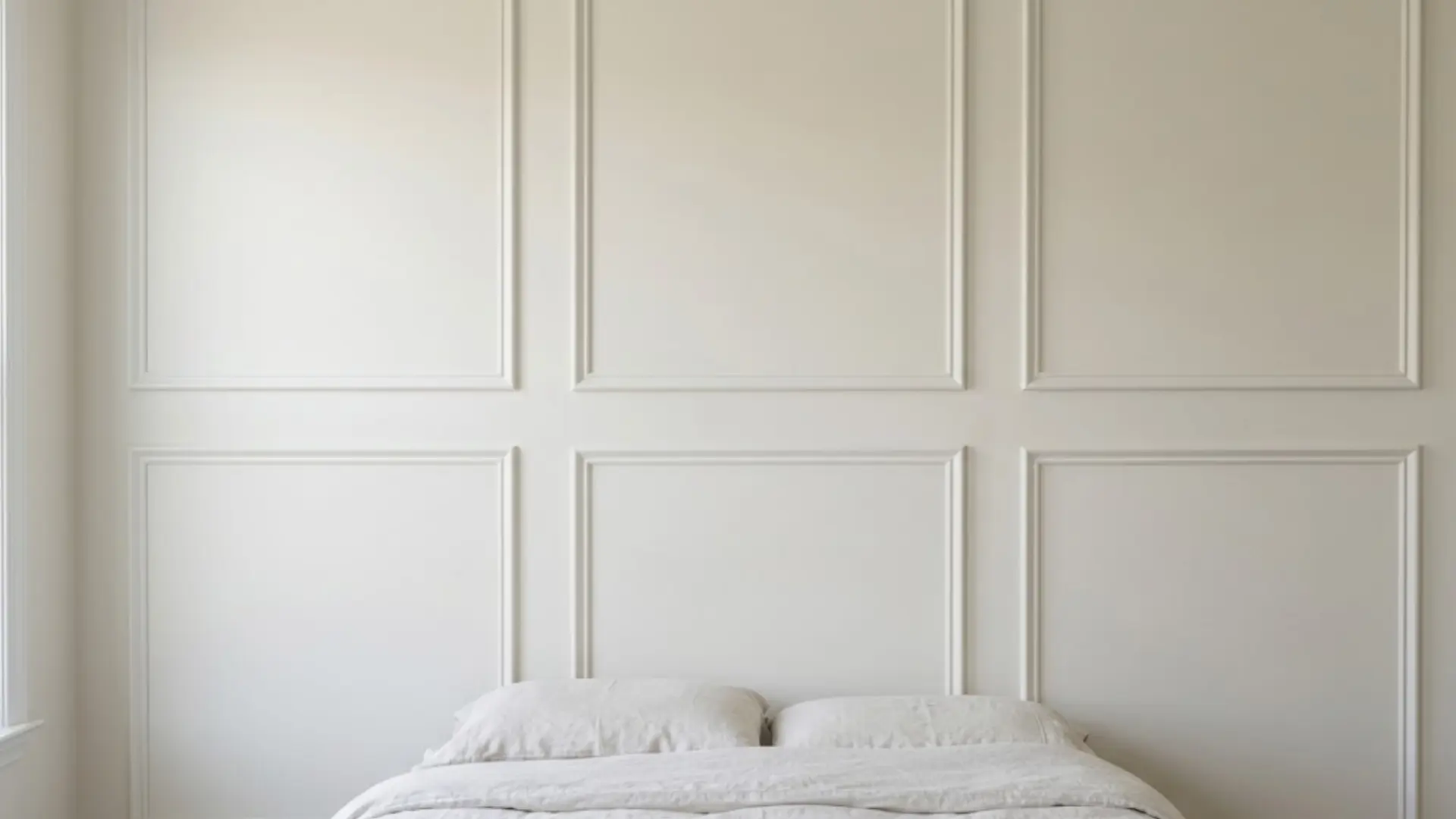 white picture frame molding forming a grid pattern on a wall above a bed with linen bedding