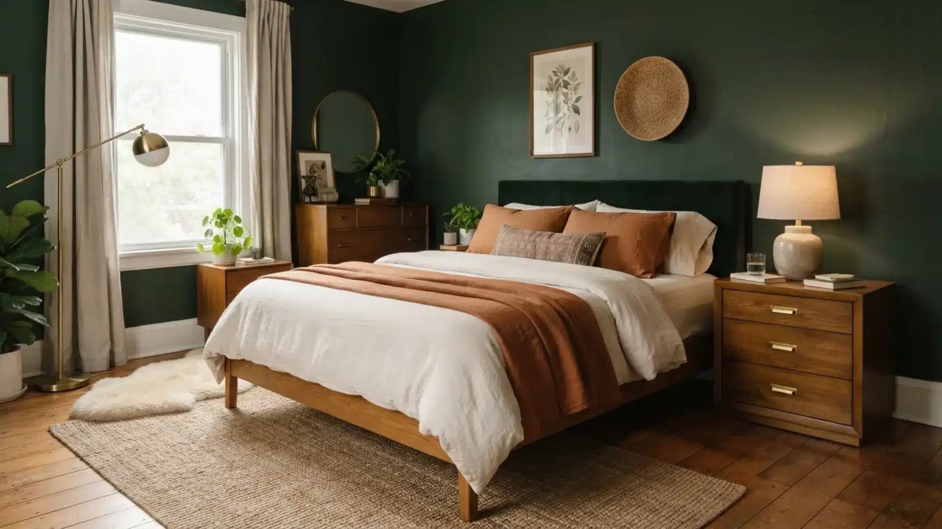 deep forest green bedroom with wood furniture, white bedding, rust accents, plants, and warm lighting