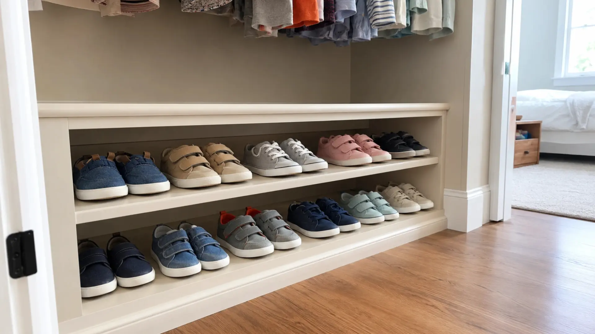 low built in closet shelves holding neat rows of colorful kids sneakers below hanging clothes
