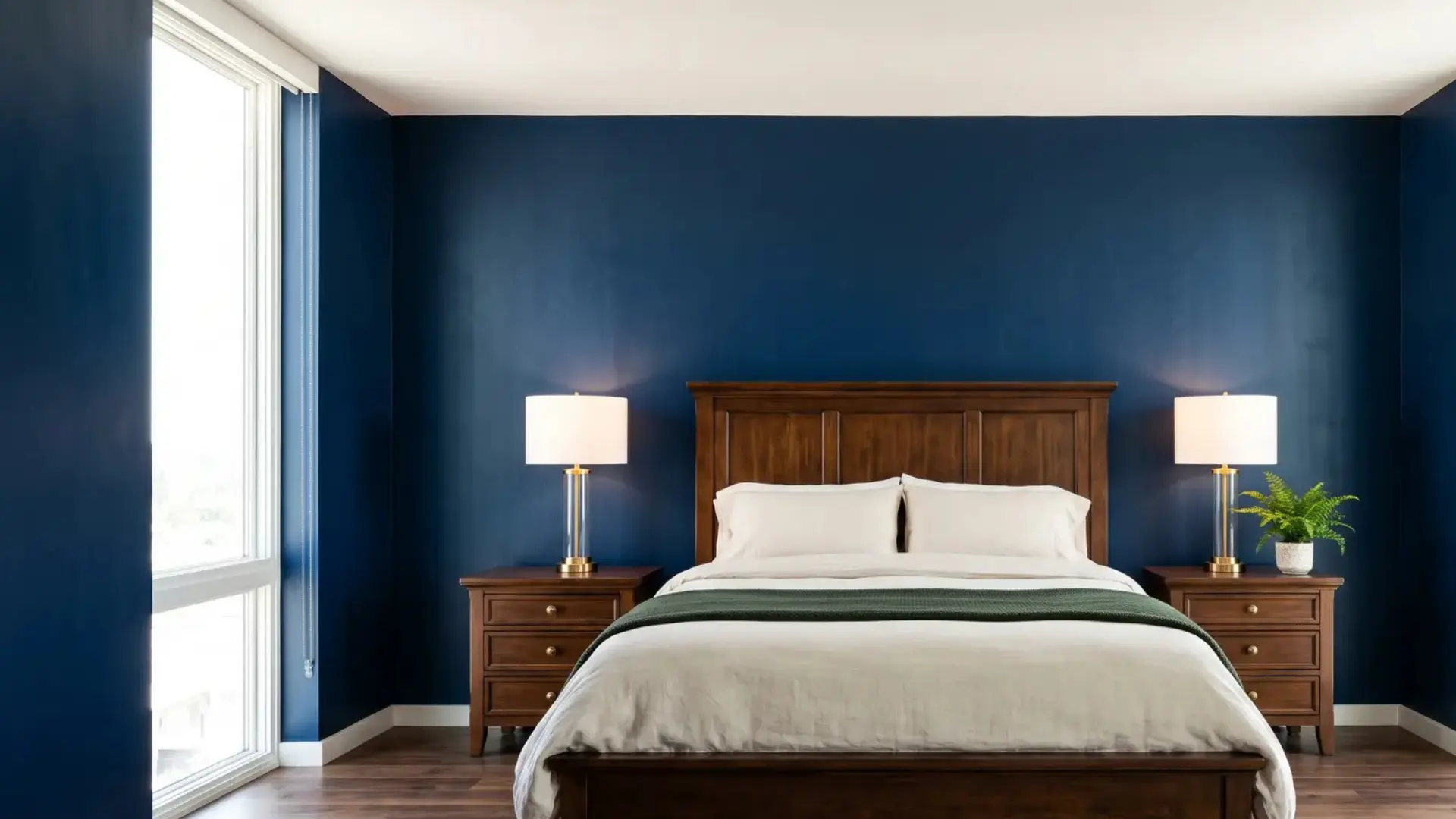 deep navy bedroom with wood furniture, white bedding, bedside lamps, and a bright window