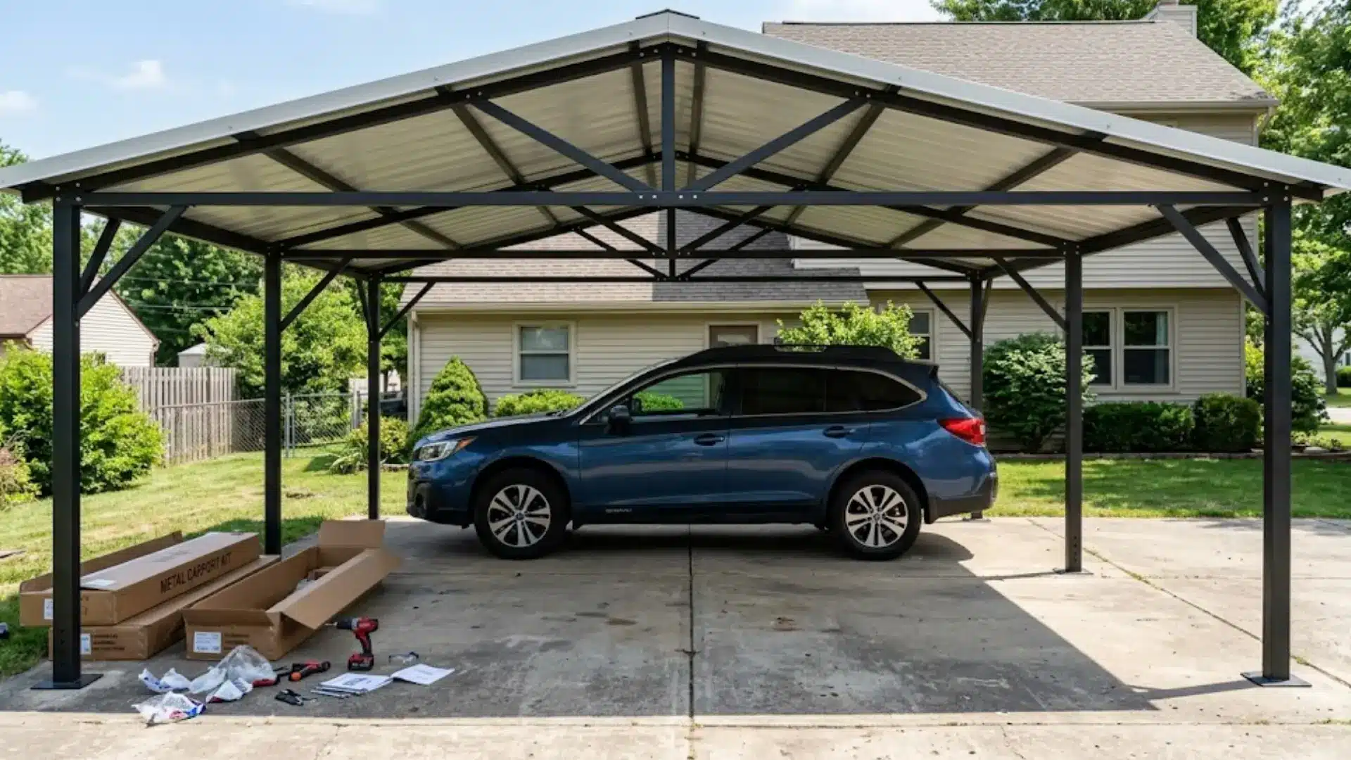 blue car parked under a fully assembled metal carport with leftover kit boxes and tools nearby