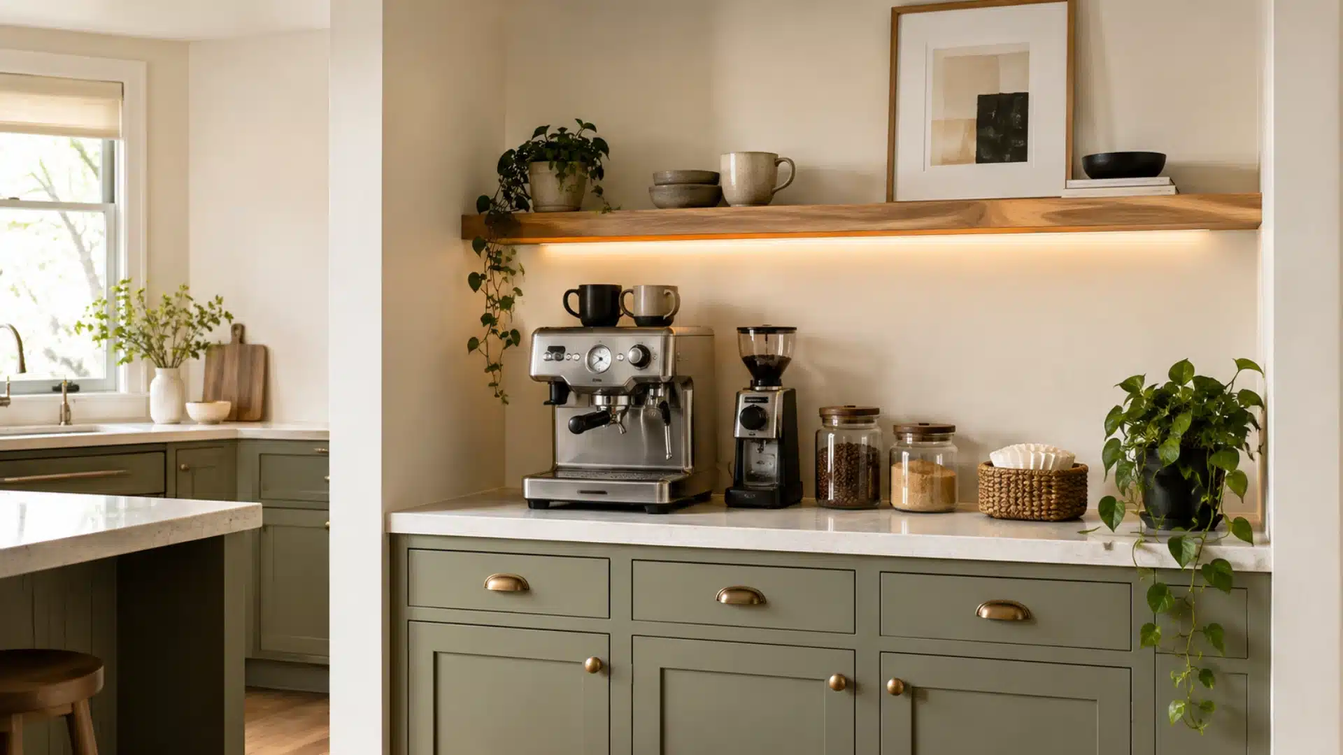 sage cabinet coffee bar with an espresso machine, oak shelf, jars and trailing plants