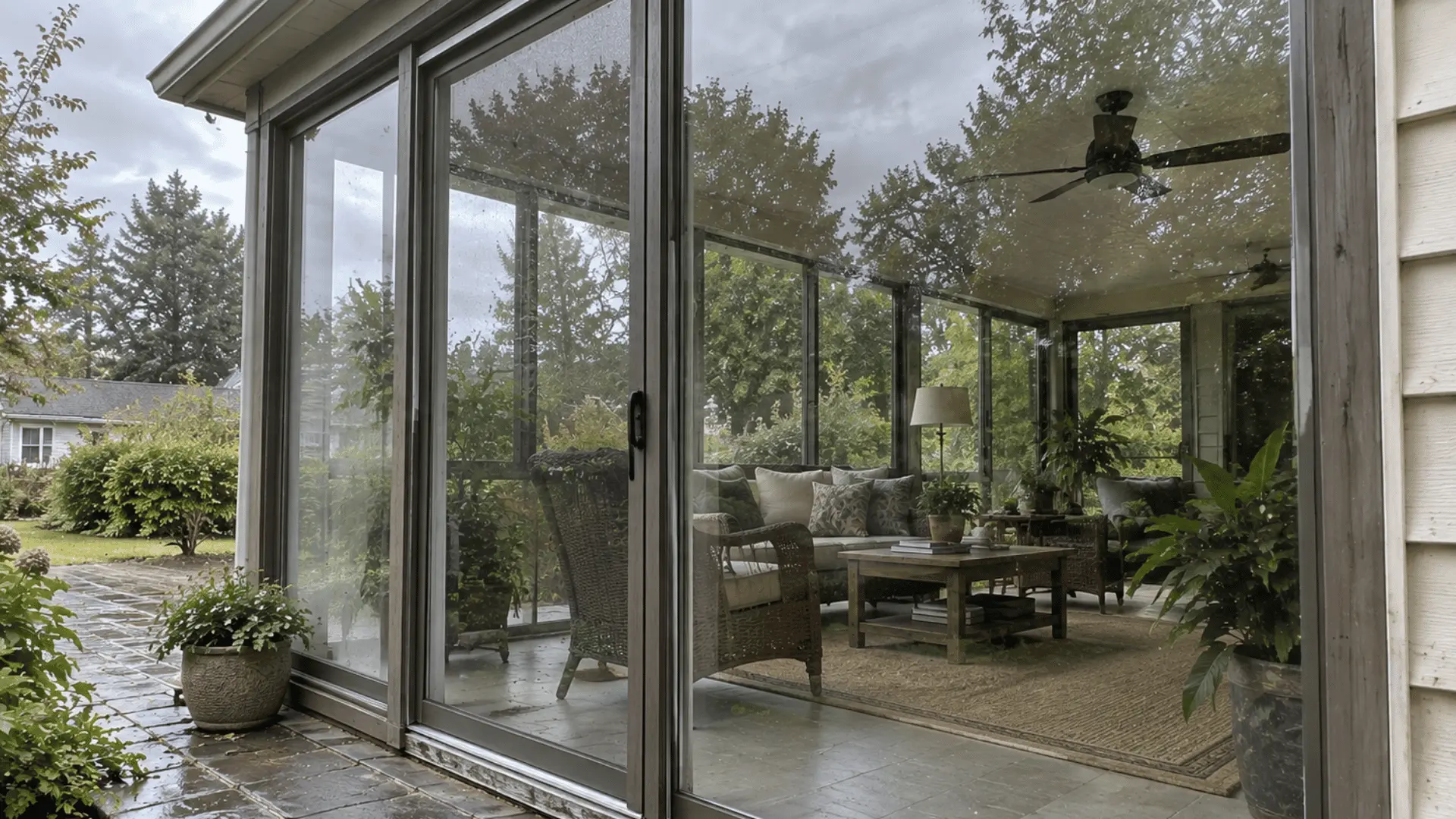 close-up of an enclosed glass room veranda with sliding doors and daylight