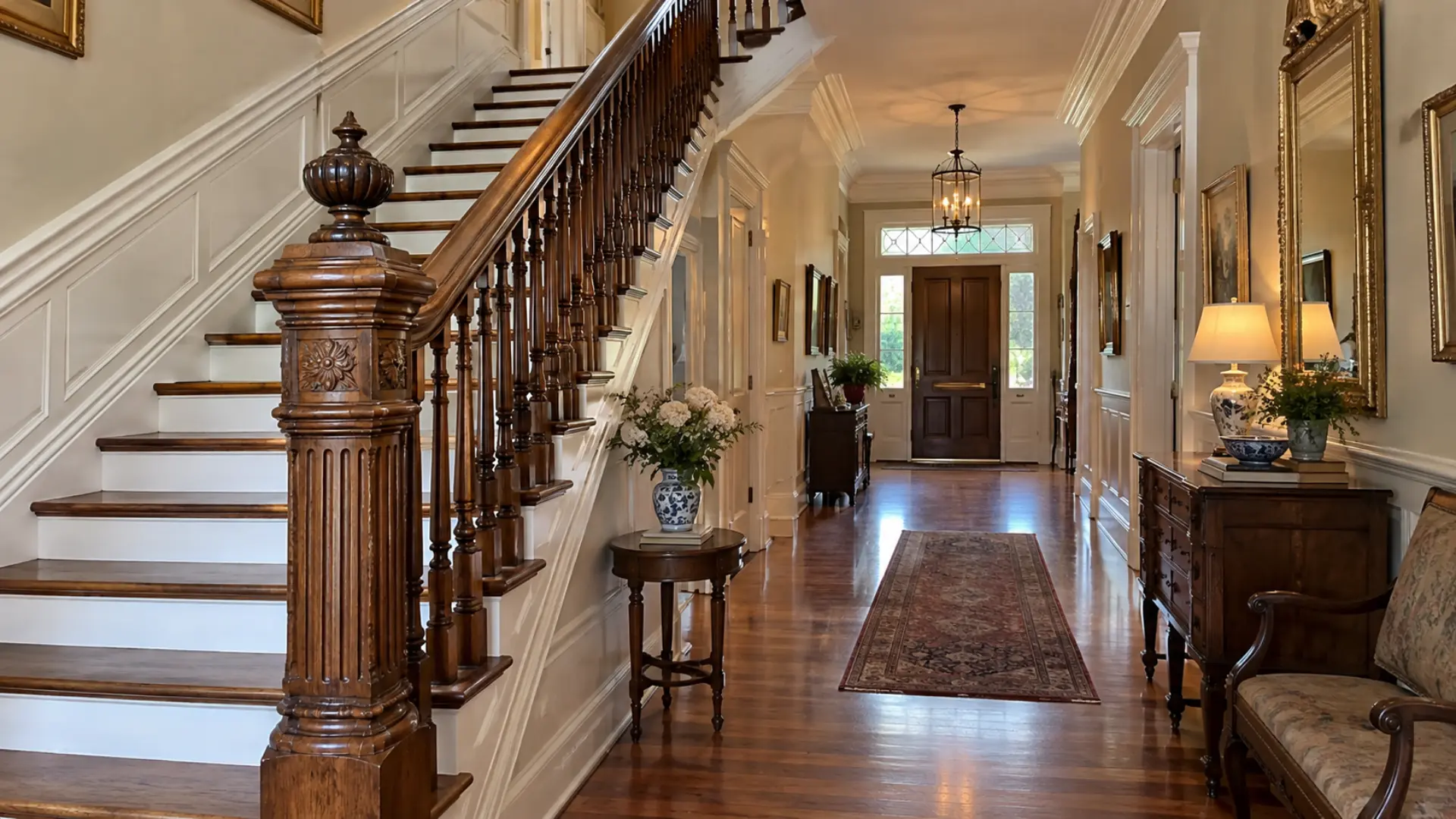 grand staircase and entry hall in a colonial home with carved balusters and molding