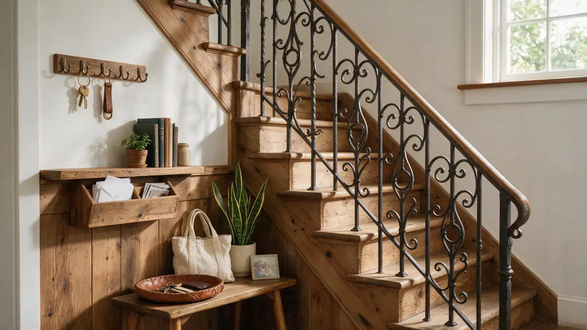 entryway drop zone under a staircase with key hooks a mail tray and a small wooden bench