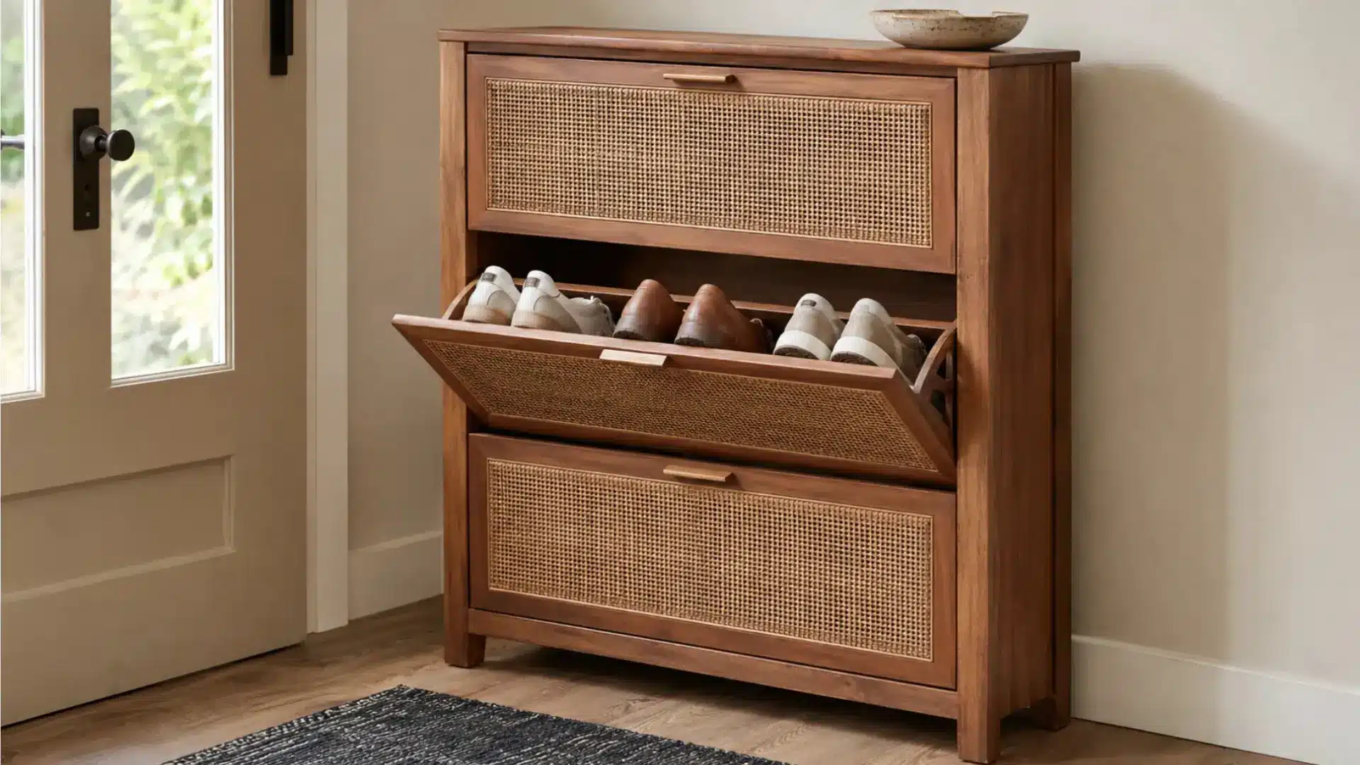 wooden entryway shoe cabinet with an open flip down drawer displaying neatly arranged sneakers and loafers inside