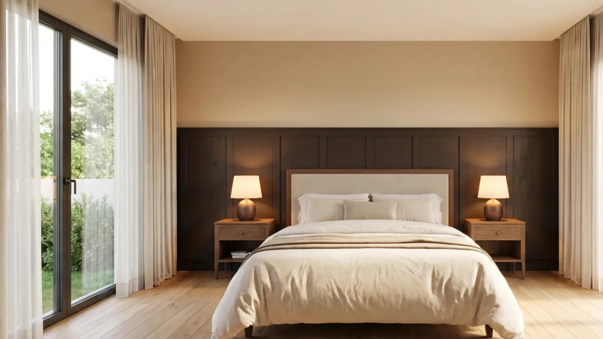 espresso brown bedroom with paneled accent wall, cream bedding, wood floors, and large windows