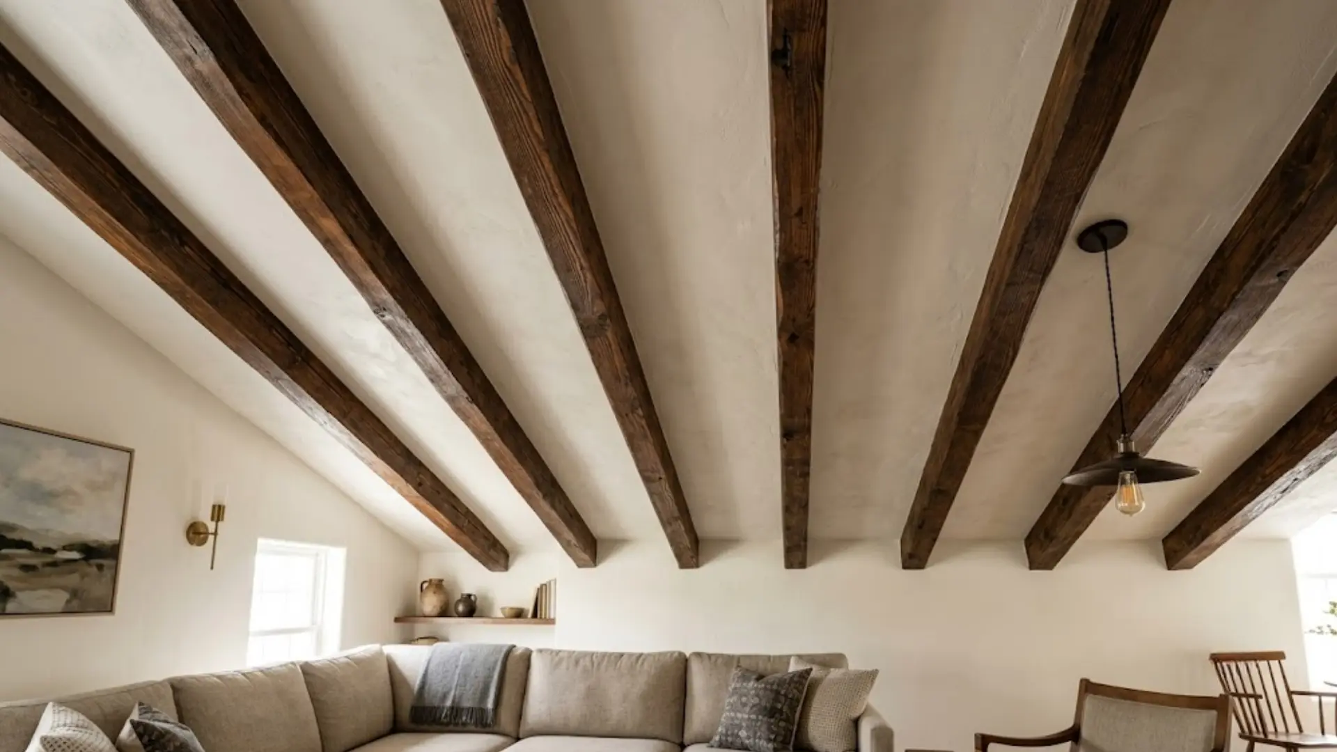 dark wood exposed ceiling beams running across a light plaster ceiling above a sofa