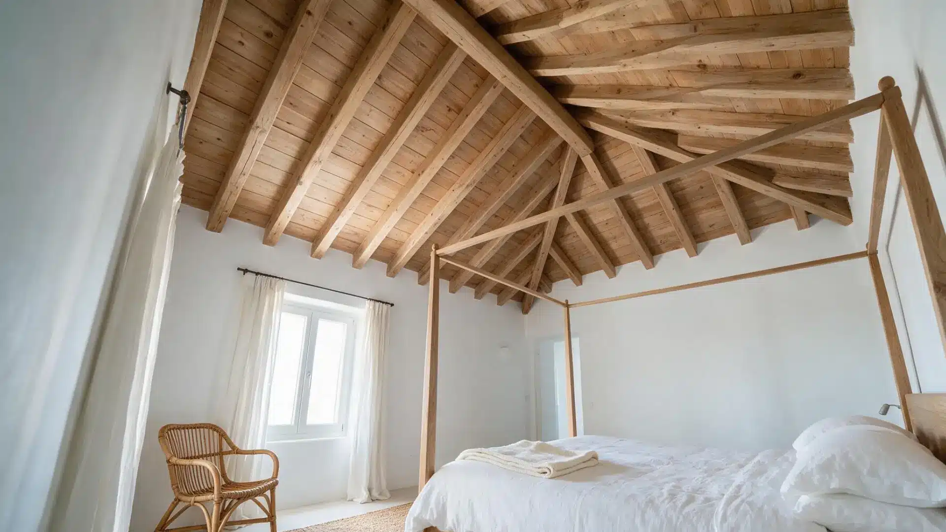 exposed natural wood ceiling beams in a crisscross pattern above a light wood four poster bed frame