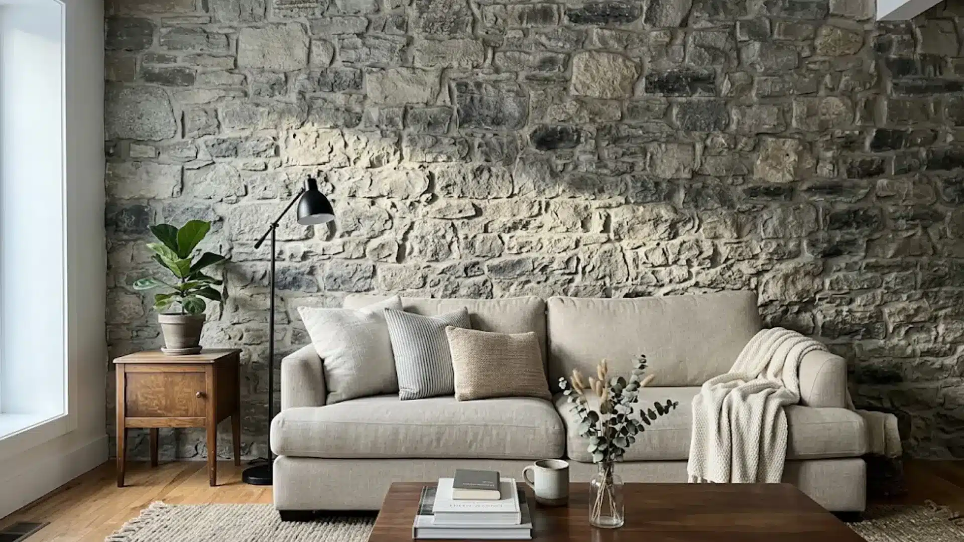 rough gray stone accent wall behind a neutral linen sofa with a black floor lamp