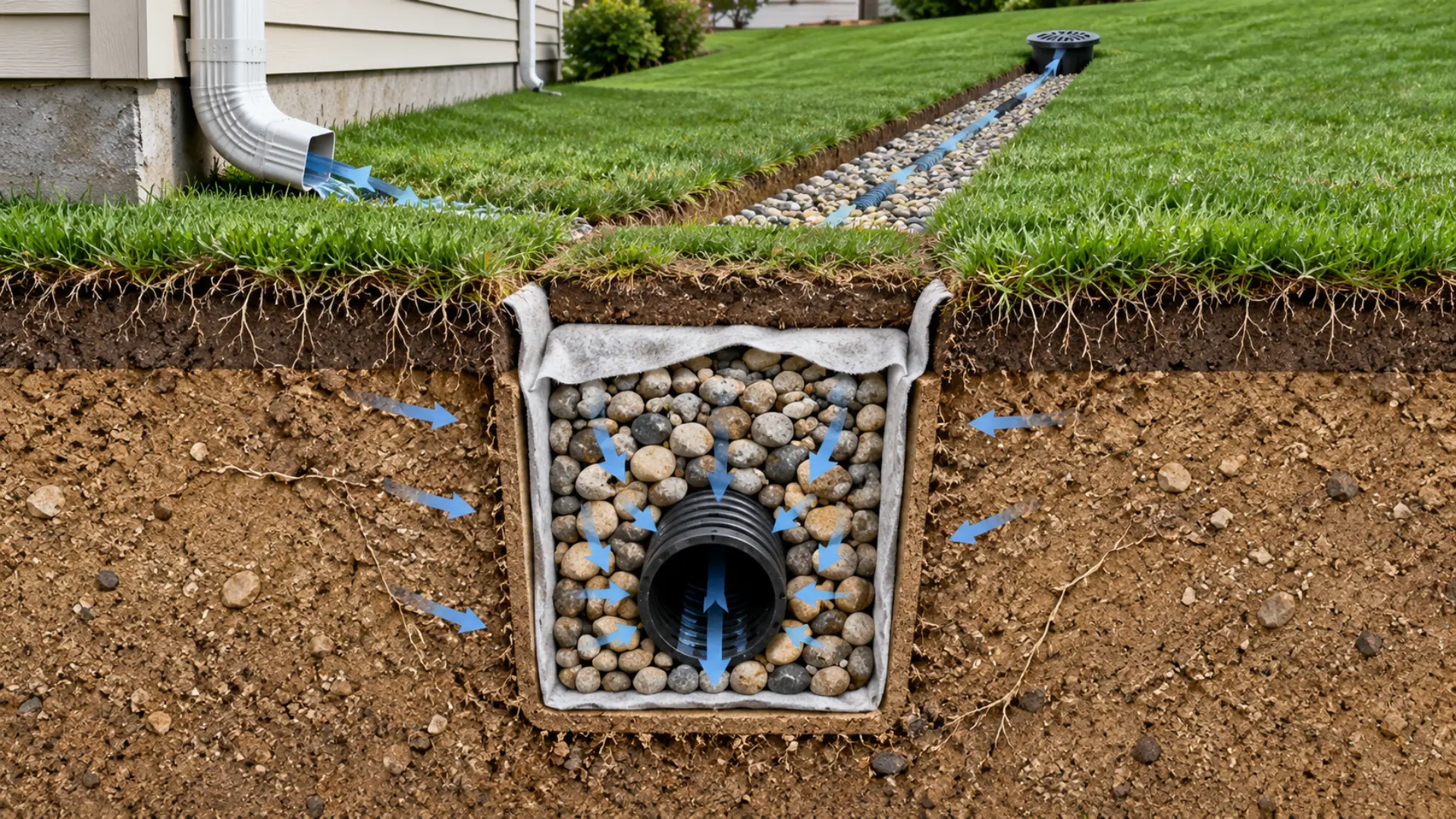 cross-section diagram of an exterior french drain with gravel, filter fabric, and perforated pipe under a lawn