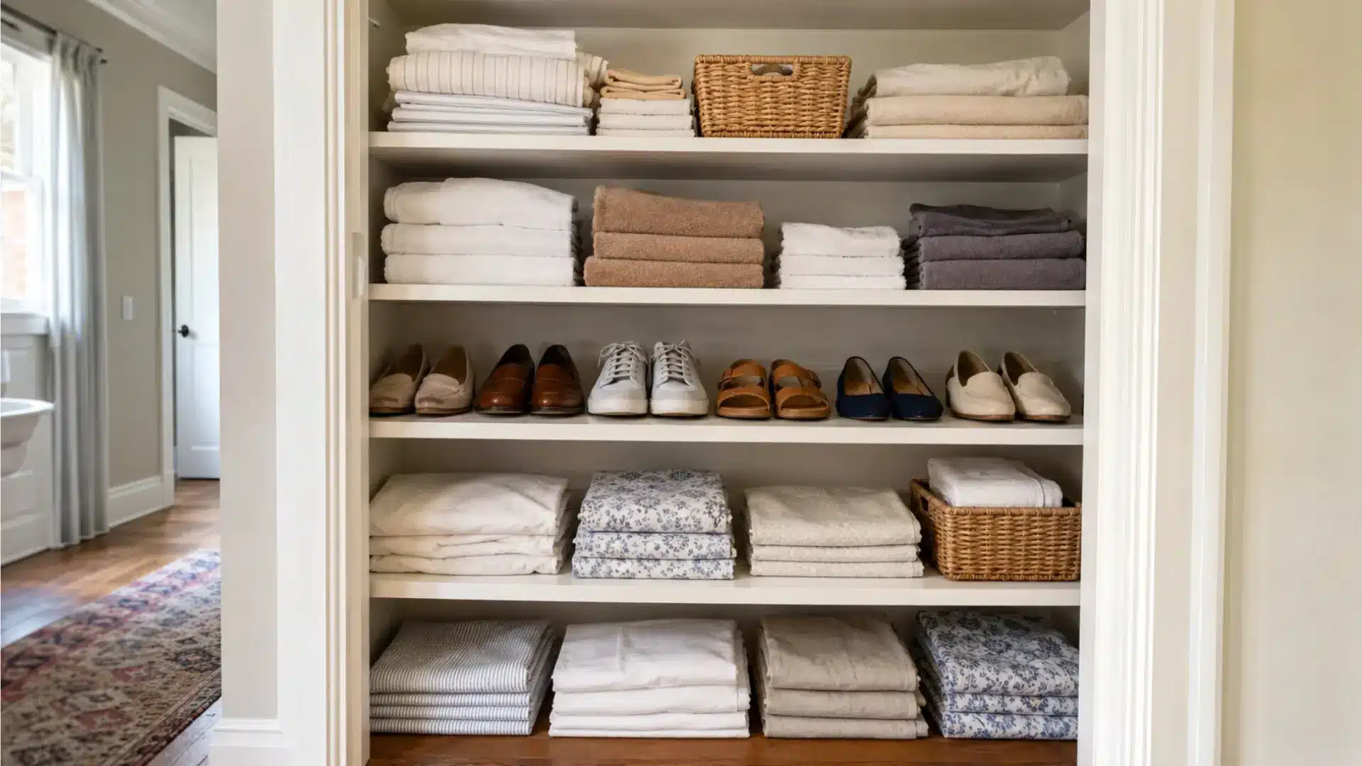 linen closet shelves neatly storing folded white towels colorful bedsheets and a tidy row of shoes