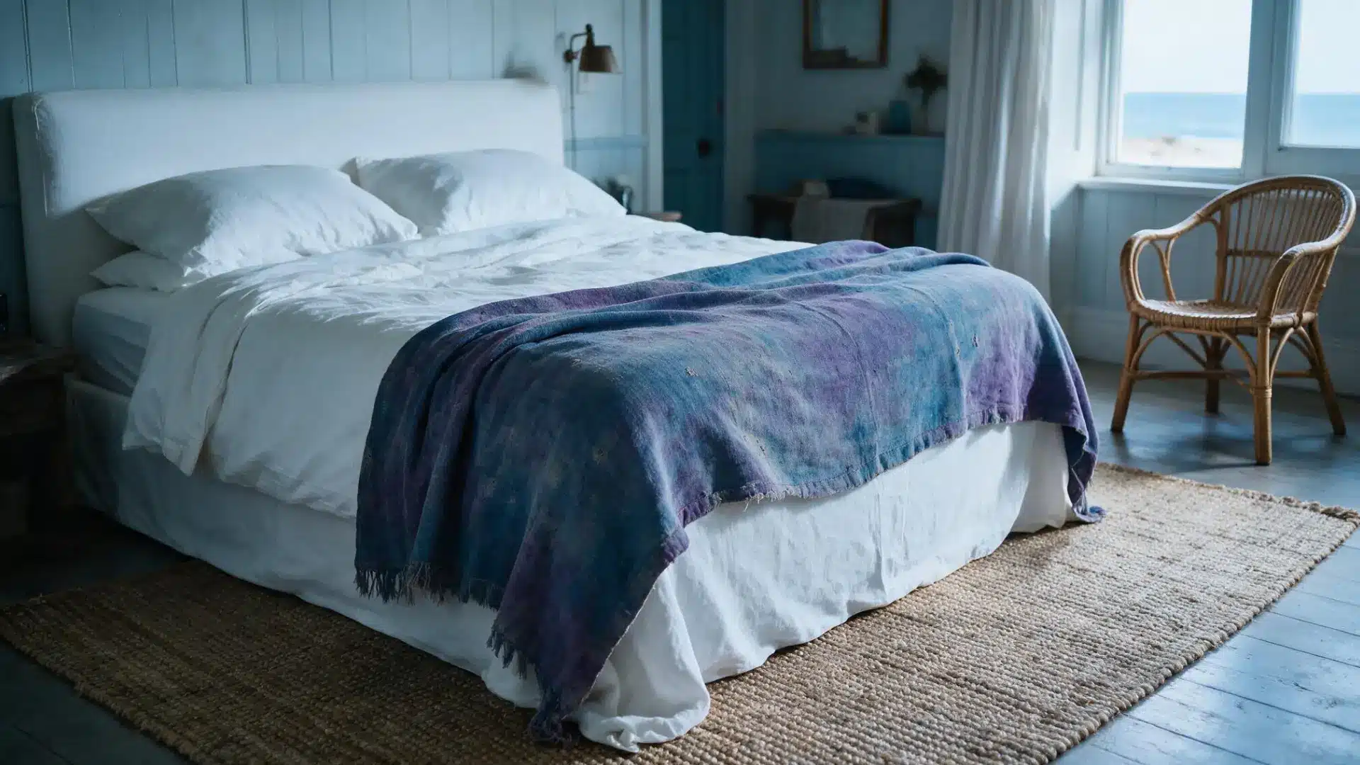 faded indigo and purple tie dye throw blanket draped over the foot of a white linen covered bed