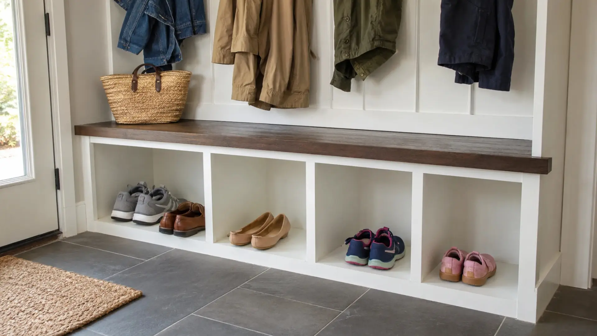 mudroom bench with open cubbies holding shoes beneath a row of hanging jackets and totes