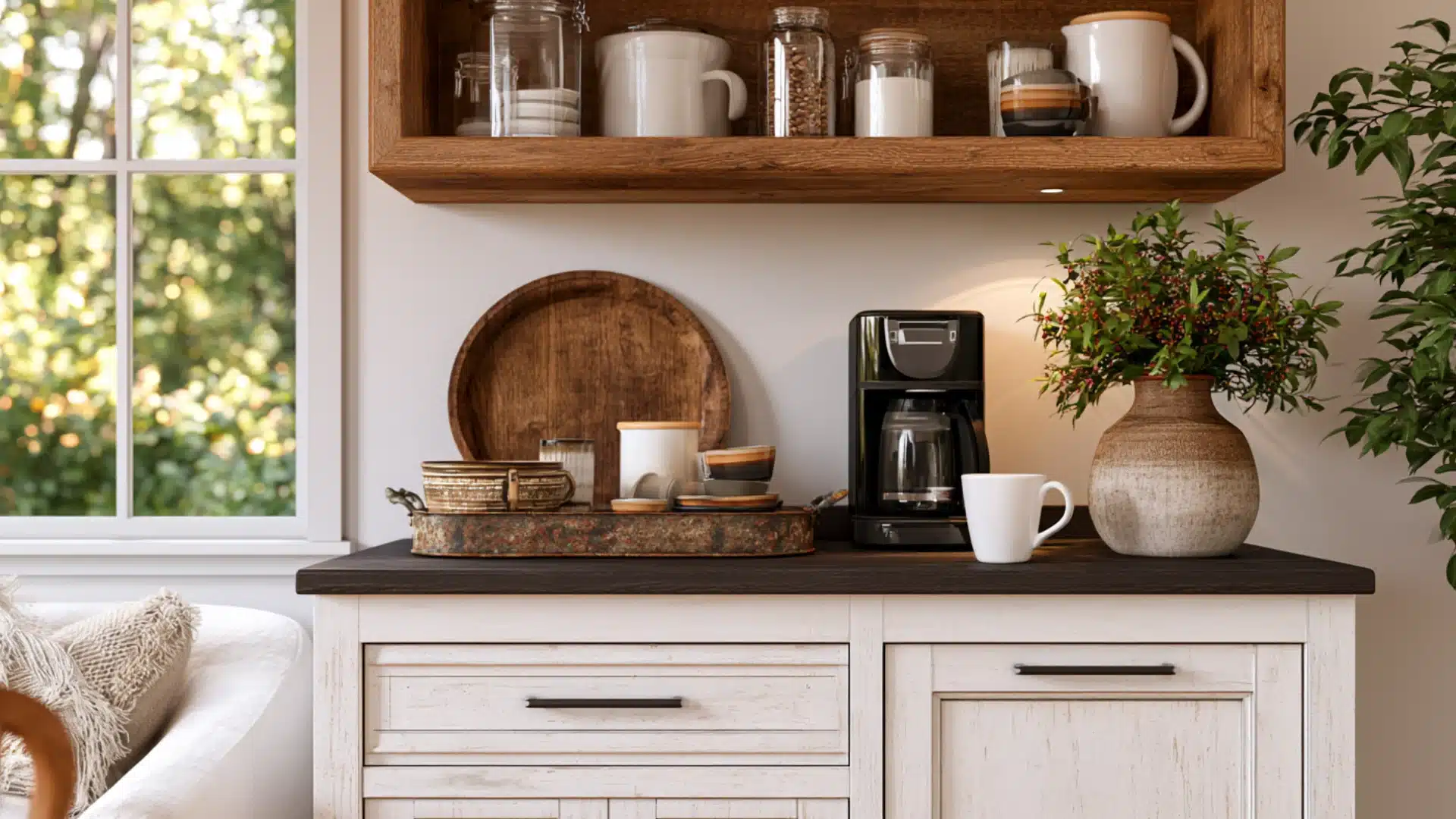 farmhouse coffee bar with white cabinet wood shelf jars coffee maker vintage tray and vase of berries