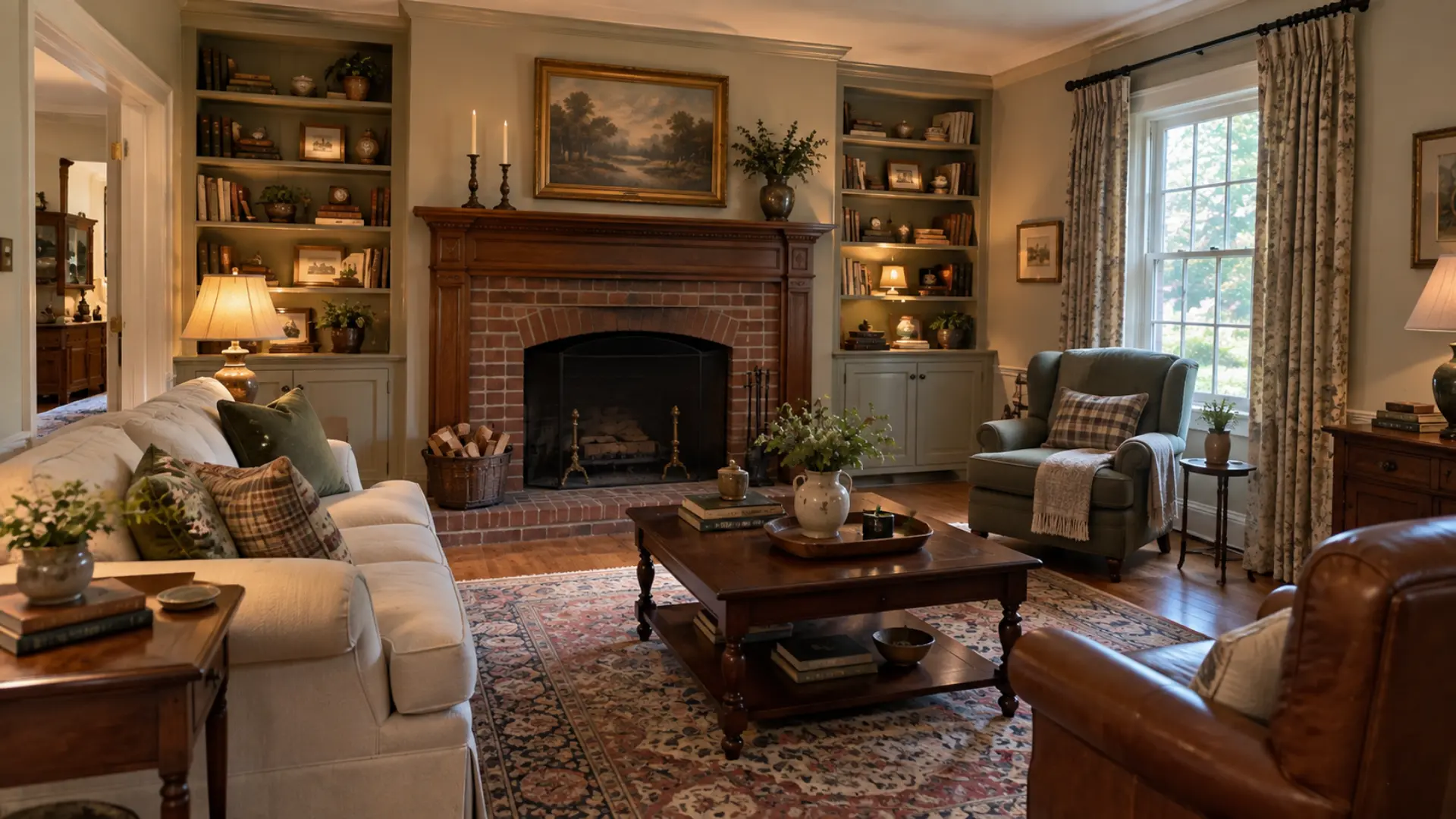 brick fireplace with carved wood mantel in a colonial living room