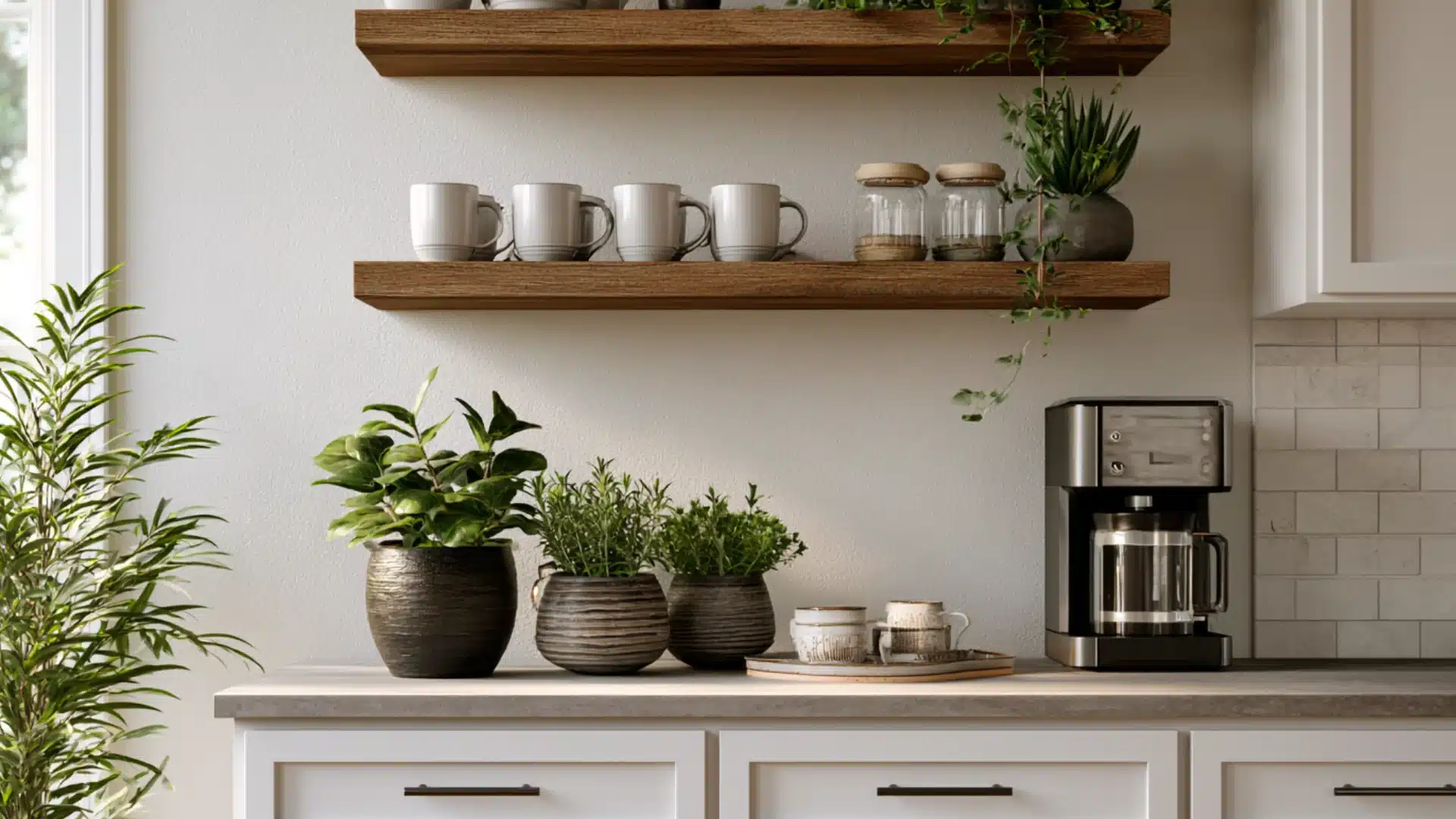 kitchen coffee station with wood floating shelves mugs jars potted plants coffee maker and tray on white counter