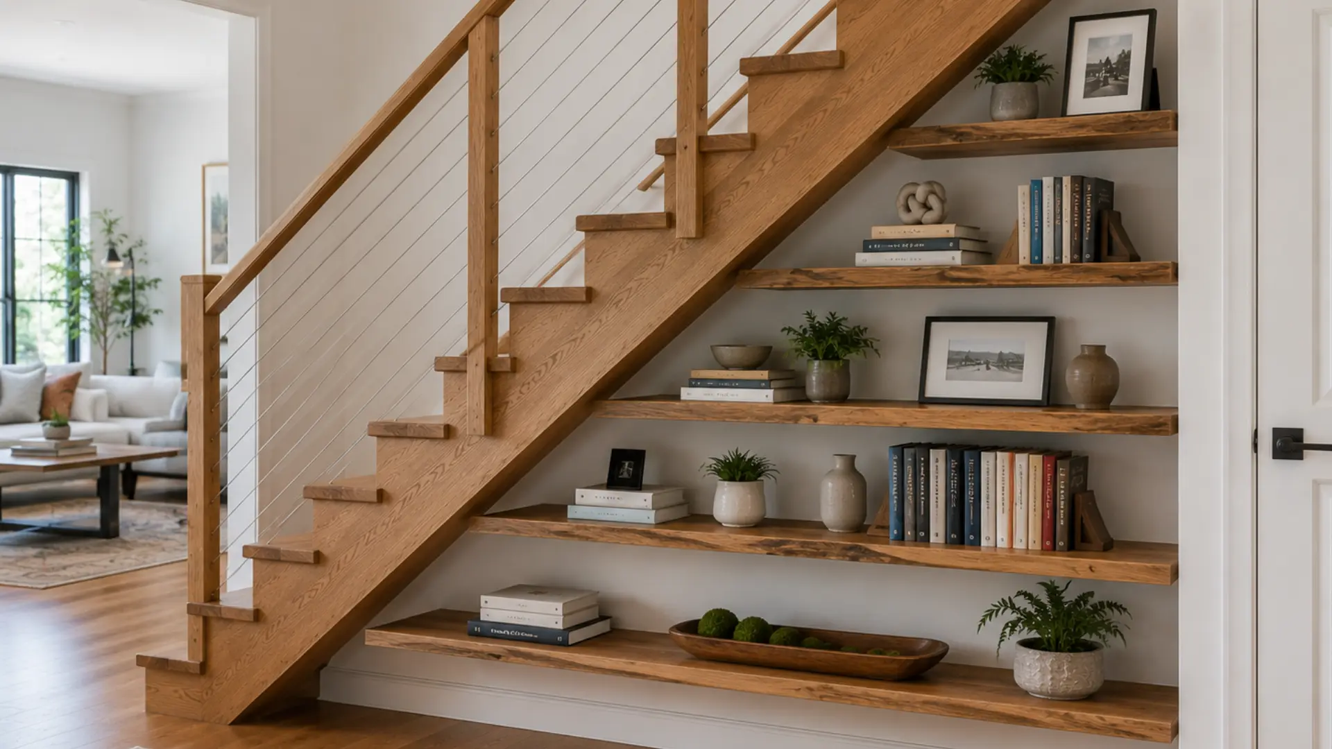 floating shelves mounted along a staircase slope holding books vases and framed photos