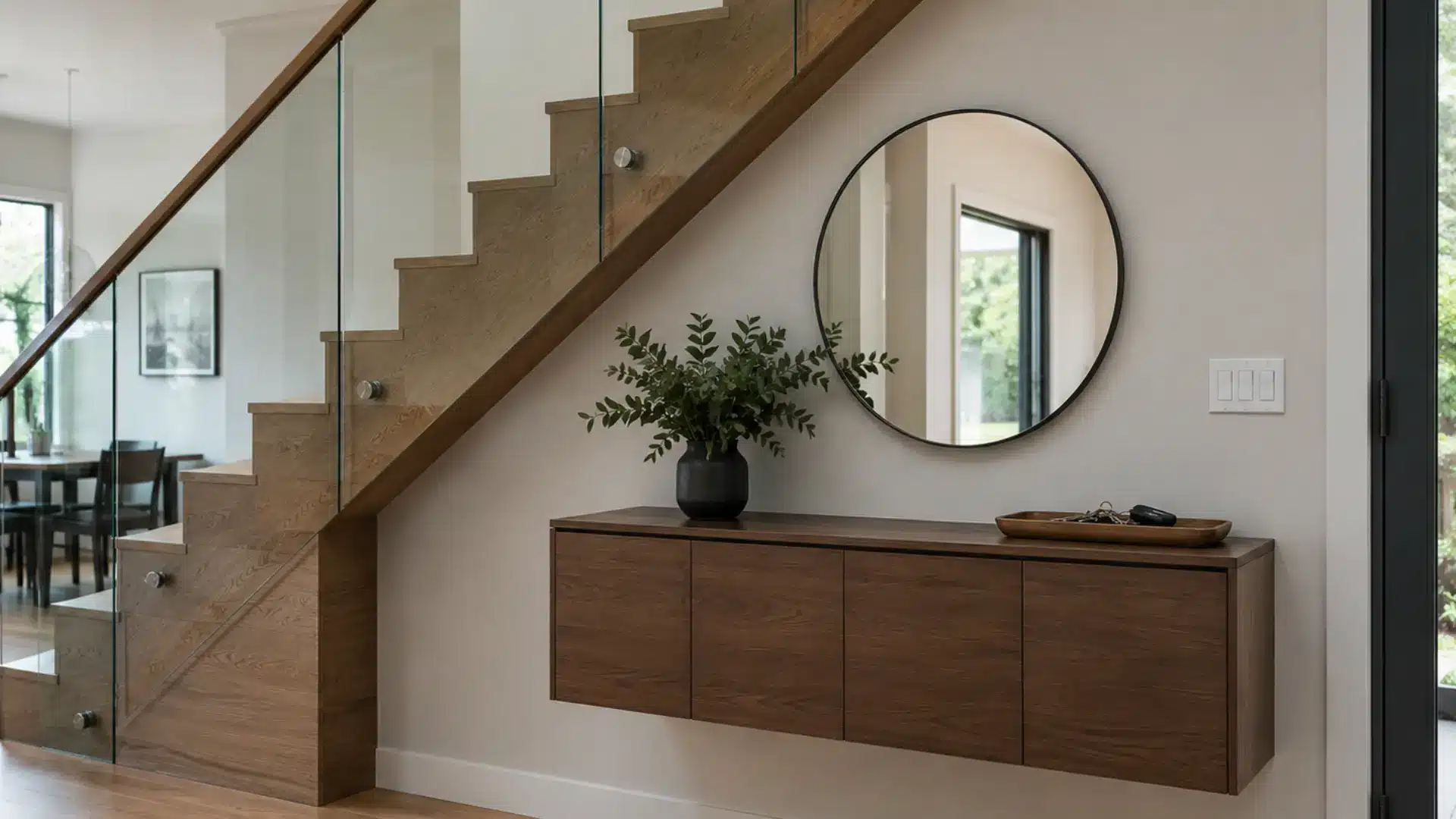 floating wall mounted cabinet under a staircase with a round mirror and potted plant above