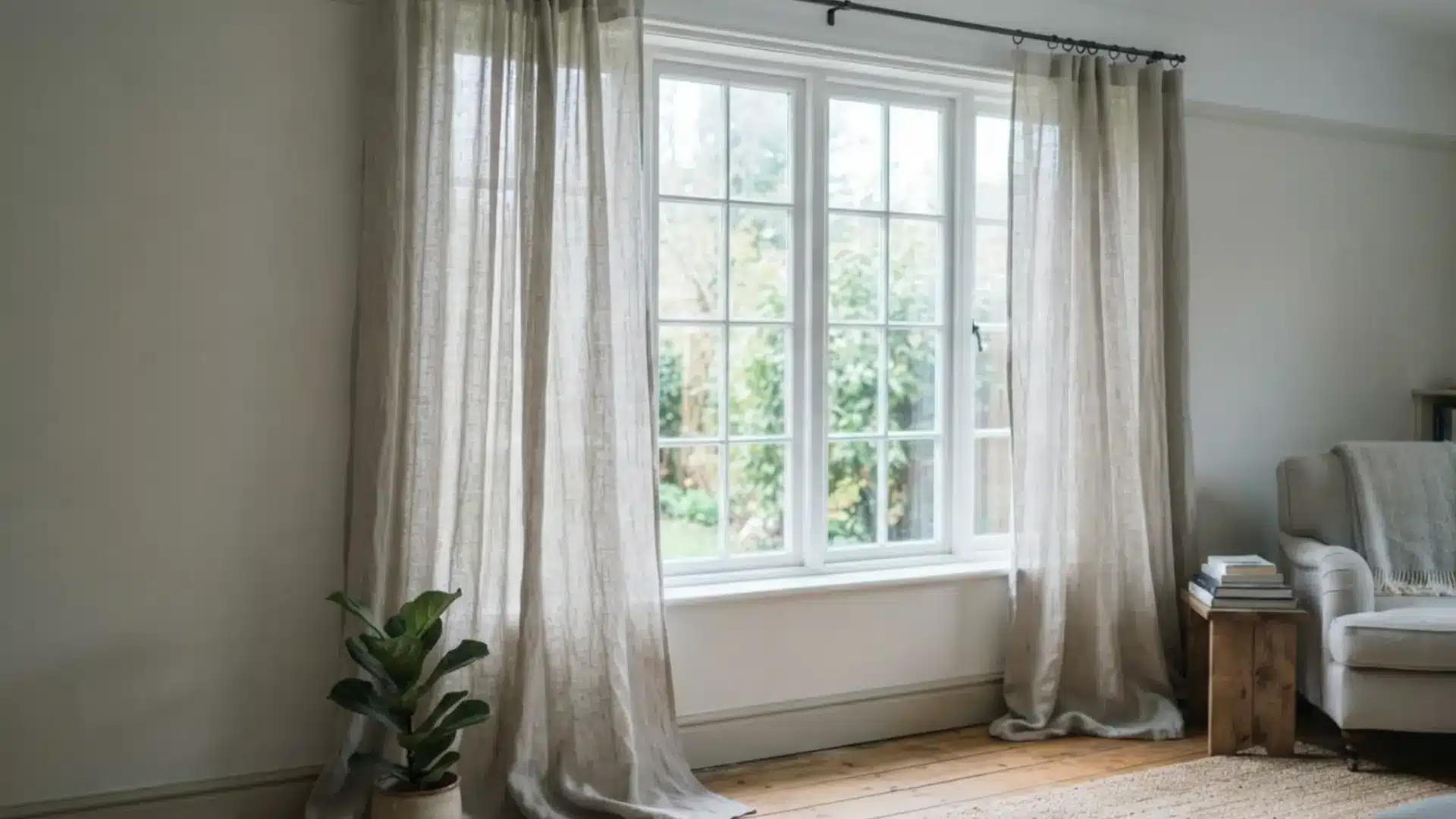 floor length linen curtains in neutral tone hanging loosely and pooling softly at the window base