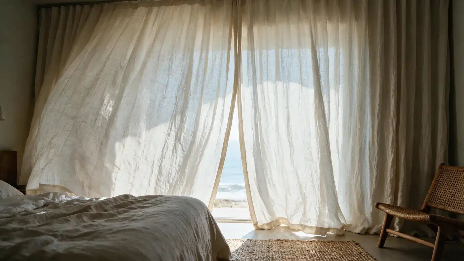 sheer floor length linen curtains billowing in front of a window with an ocean view in the distance