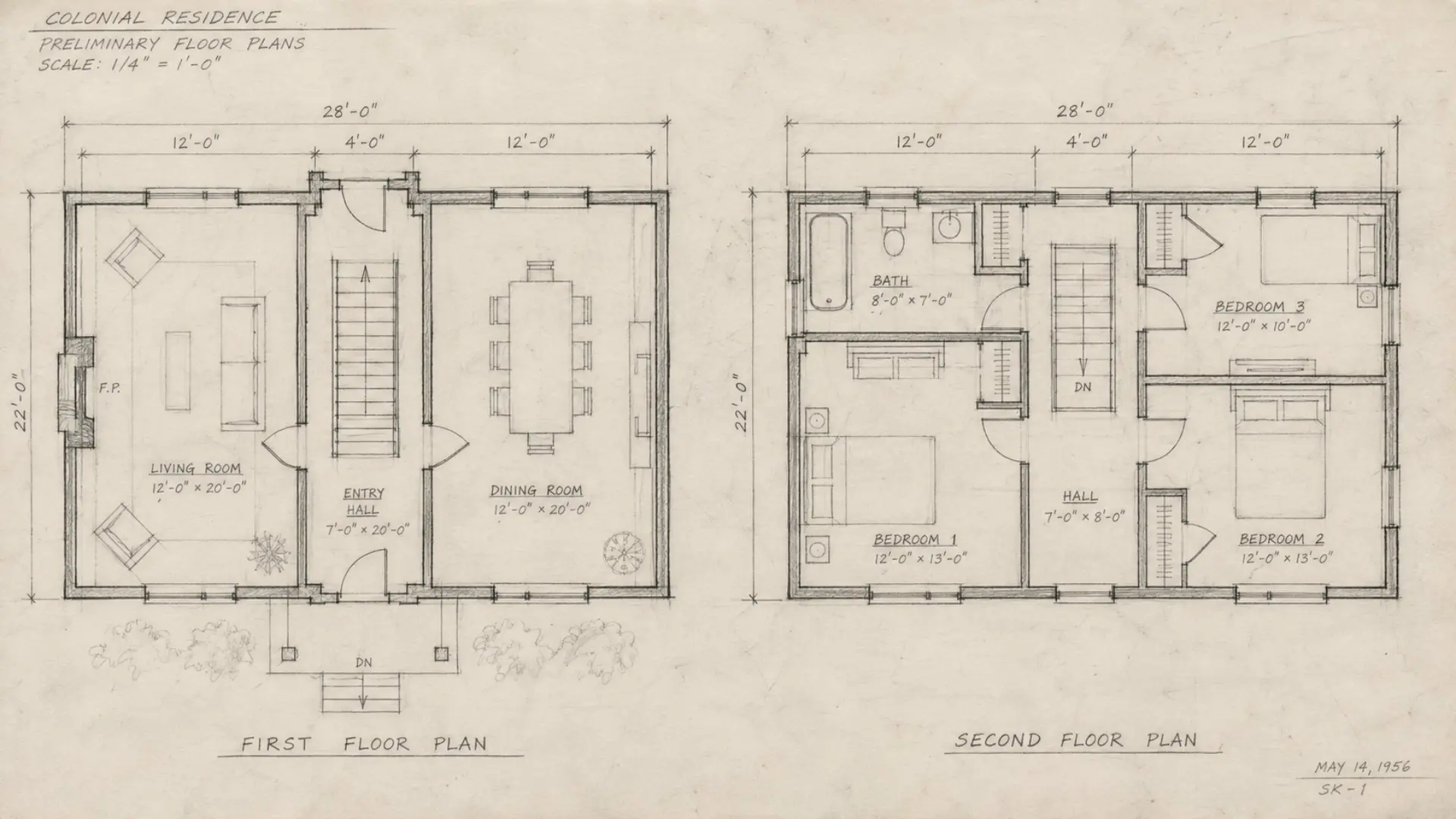 hand-drafted floor plan sketch showing both floors of a symmetrical colonial home