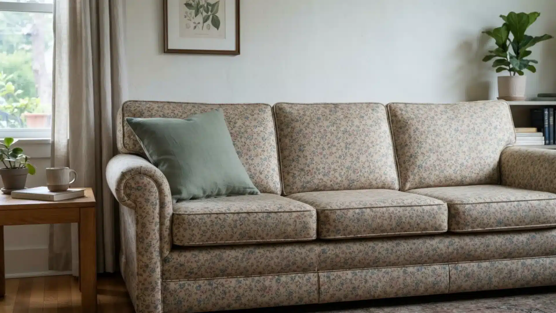 sofa upholstered in a small floral print with a solid green accent cushion resting against the arm