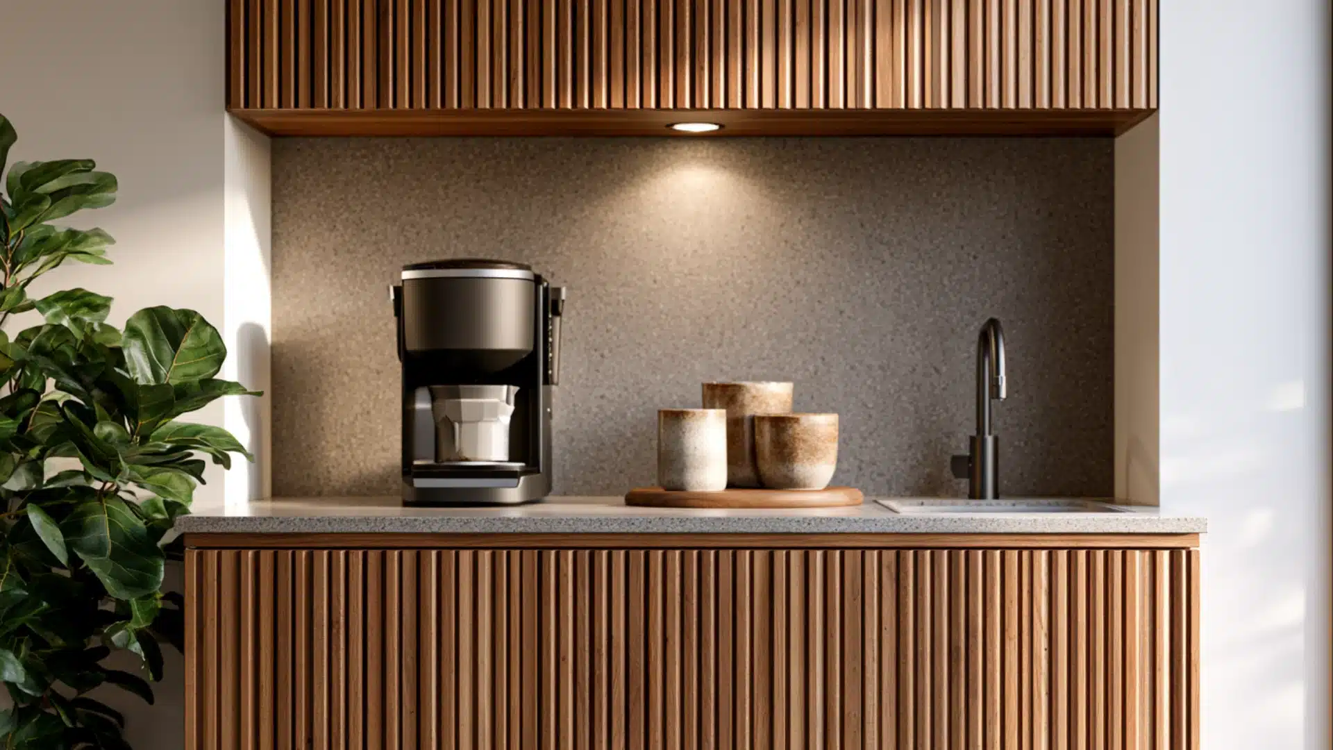 vertical fluted wood panels featured on cabinet doors in a textured coffee bar design