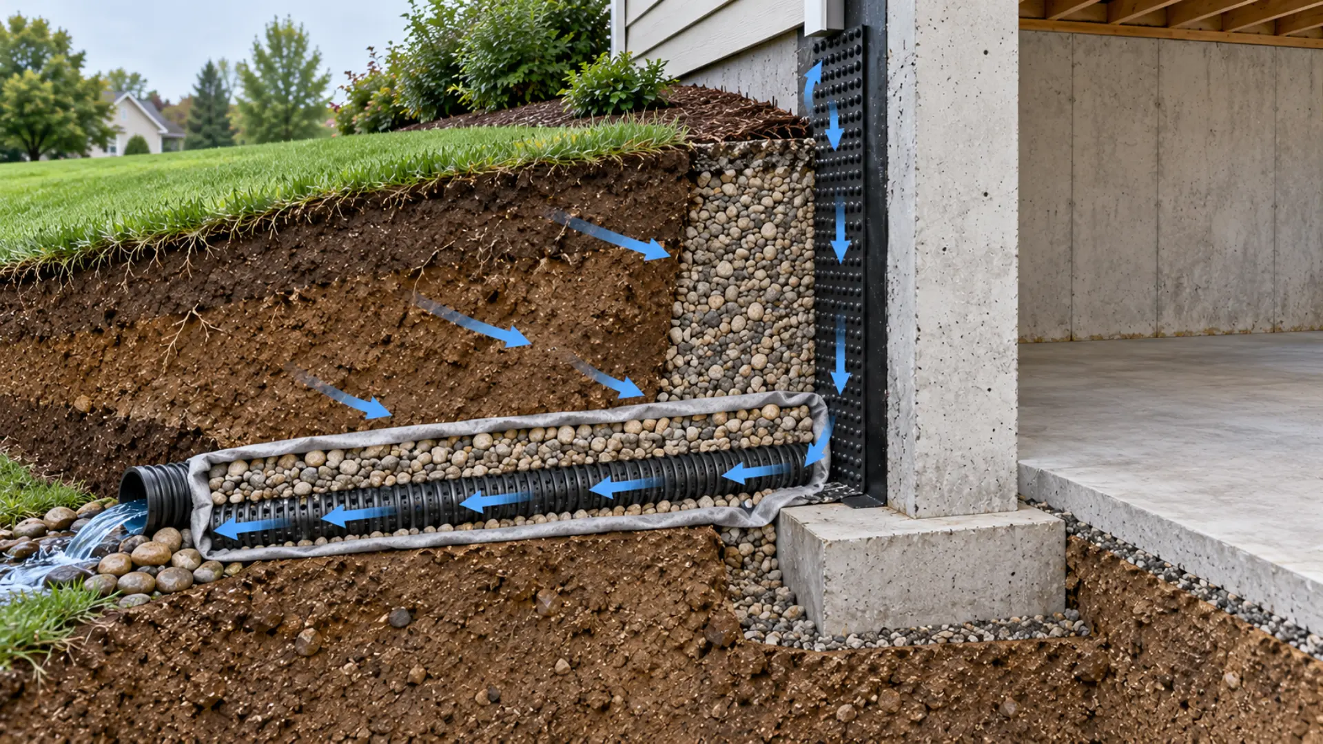 cross-section diagram of a footing drain beside a foundation wall with gravel, fabric, and perforated pipe