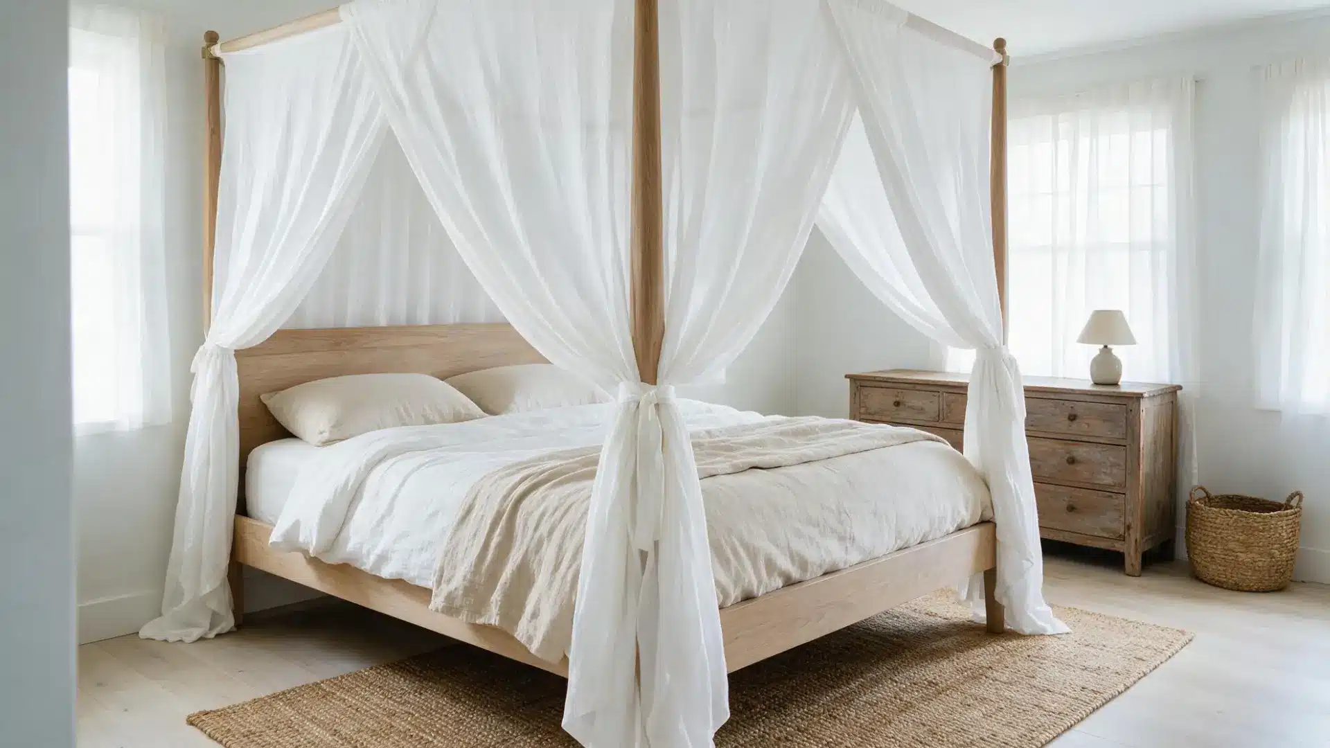 light wood four poster bed draped with sheer white curtains tied back beside soft white linen bedding
