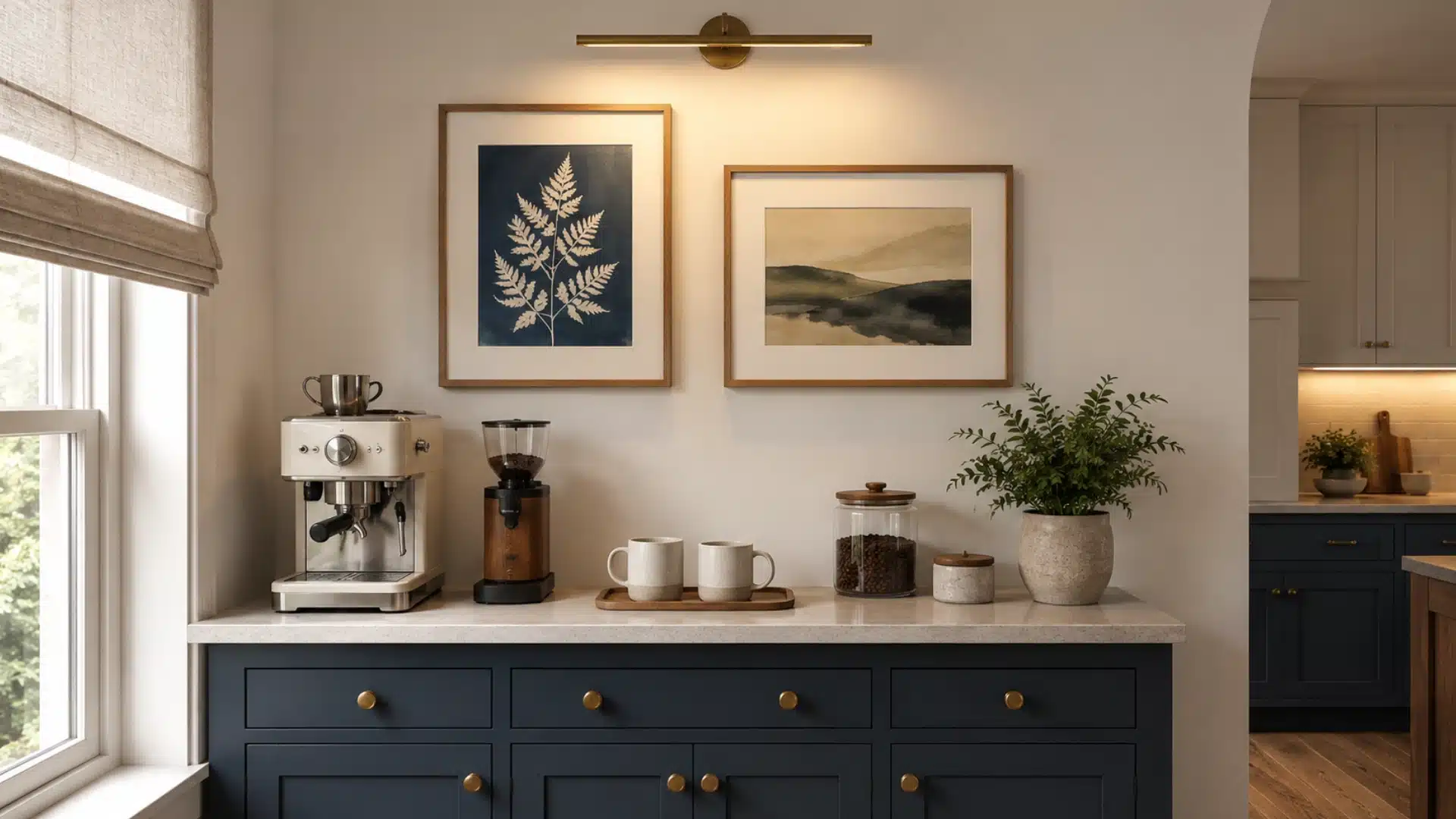 navy coffee bar with framed art, an espresso machine, grinder, mugs and a leafy plant