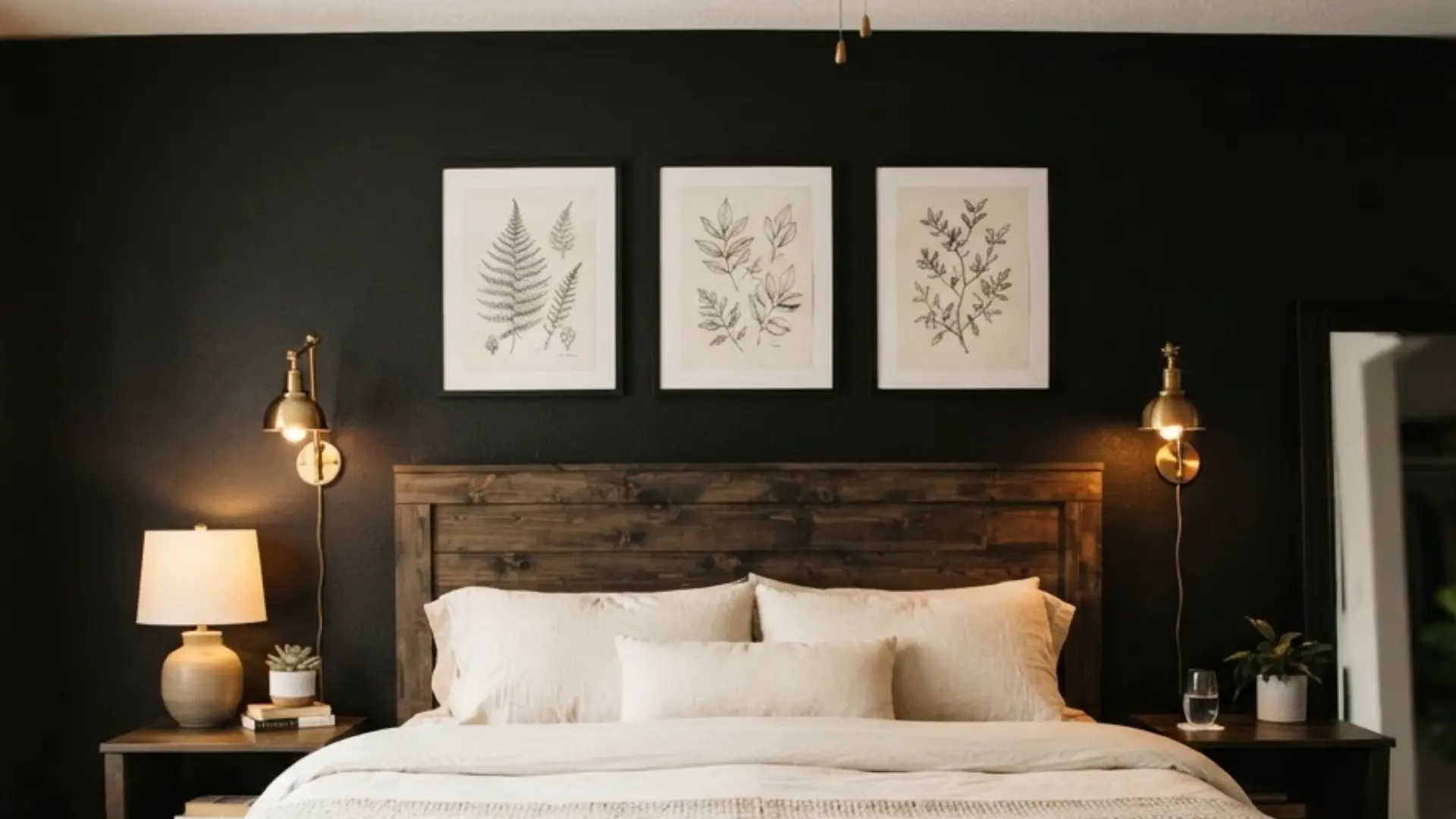 bedroom wall with framed botanical prints, wood headboard, cream bedding, and brass sconces