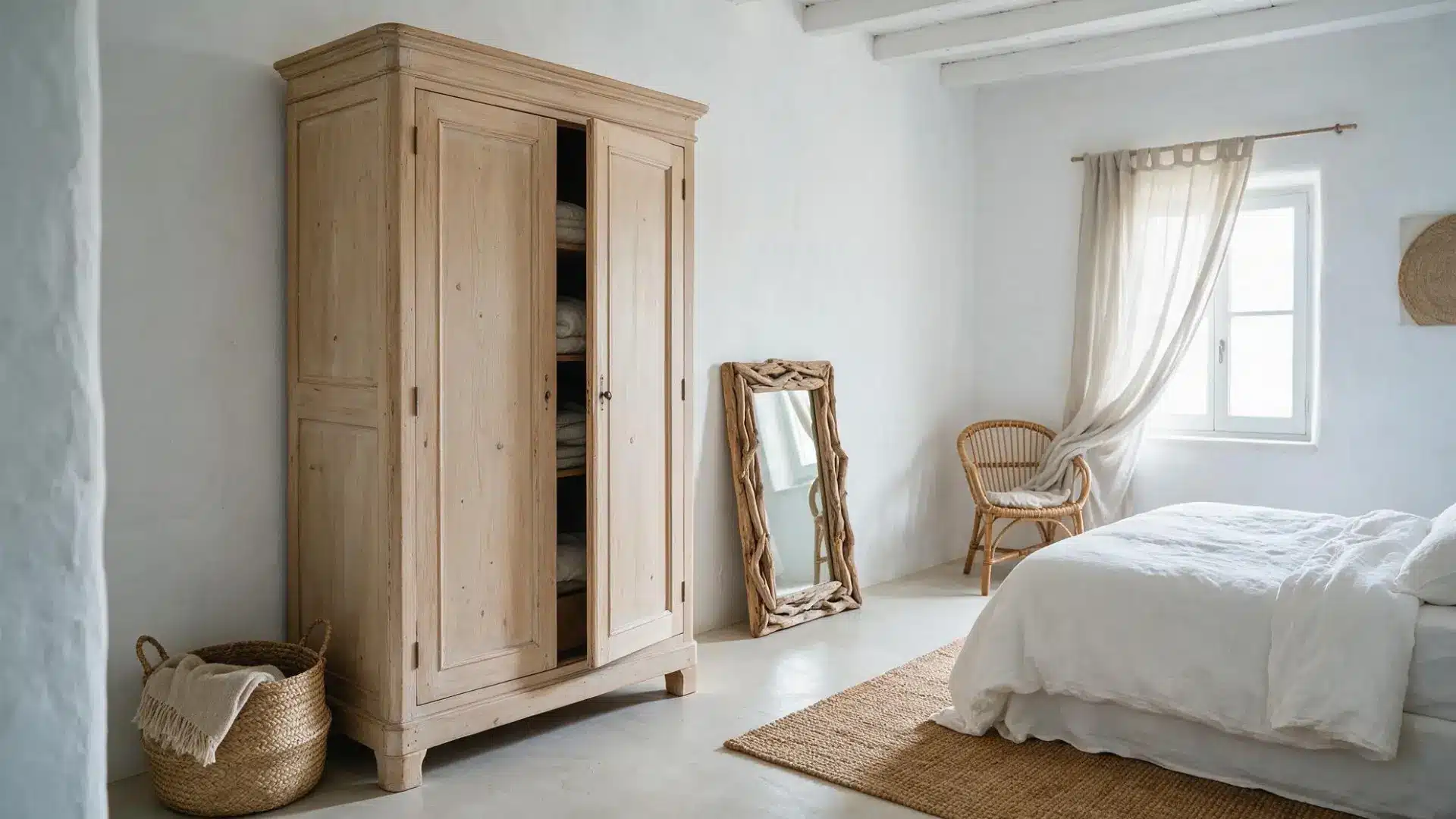 freestanding armoire in distressed pale wood with a driftwood mirror leaning against the wall nearby