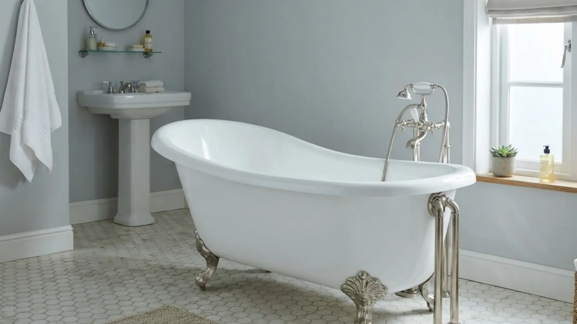 white clawfoot bathtub with silver feet and a freestanding faucet standing near a bright window