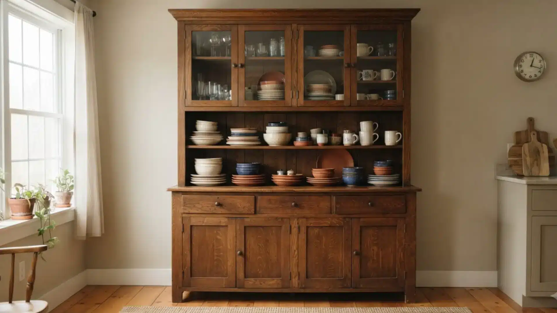 wood kitchen hutch with glass doors displaying neatly stacked plates bowls and ceramic mugs