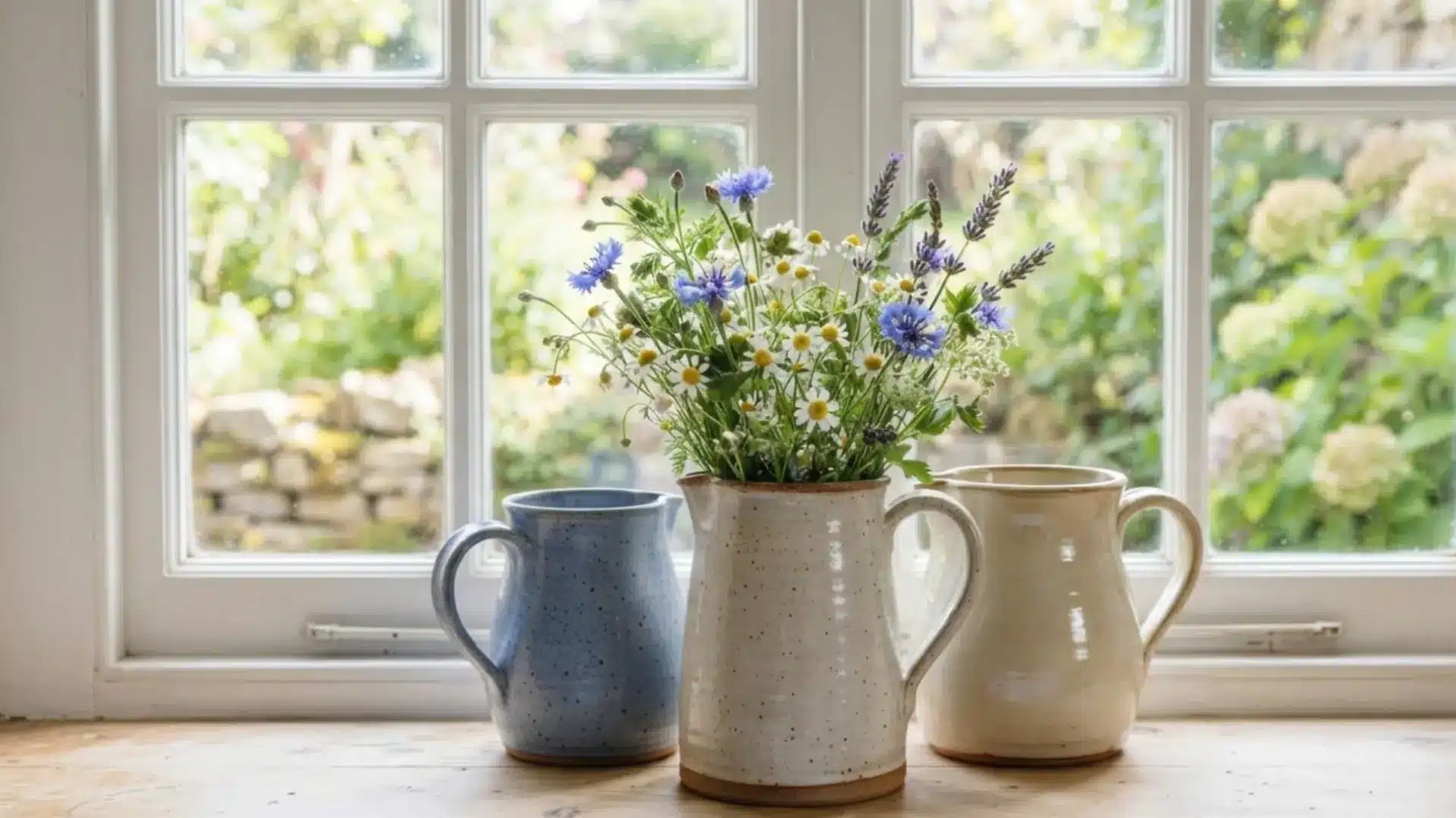 three ceramic pitchers in blue cream and white tones holding a bunch of fresh wildflowers