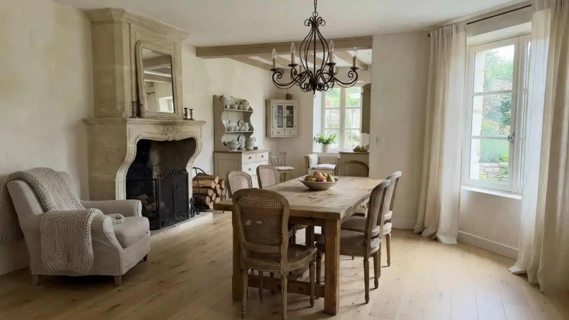 stone fireplace and wrought iron chandelier above a wood dining table with cane back chairs